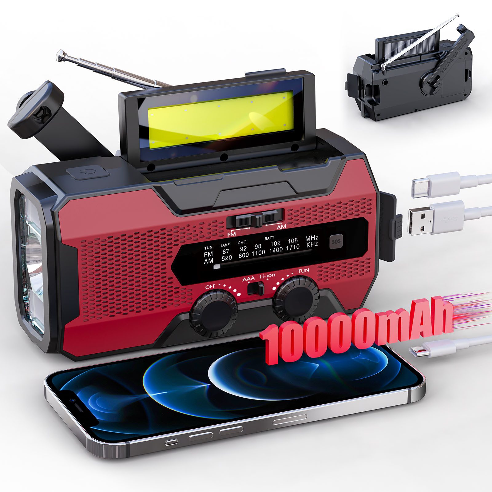 Solarbaby Solar Radio, AM/FM Kurbelradio mit Handy Ladefunktion Notfallradio (SOS Alarm, Leselampe)