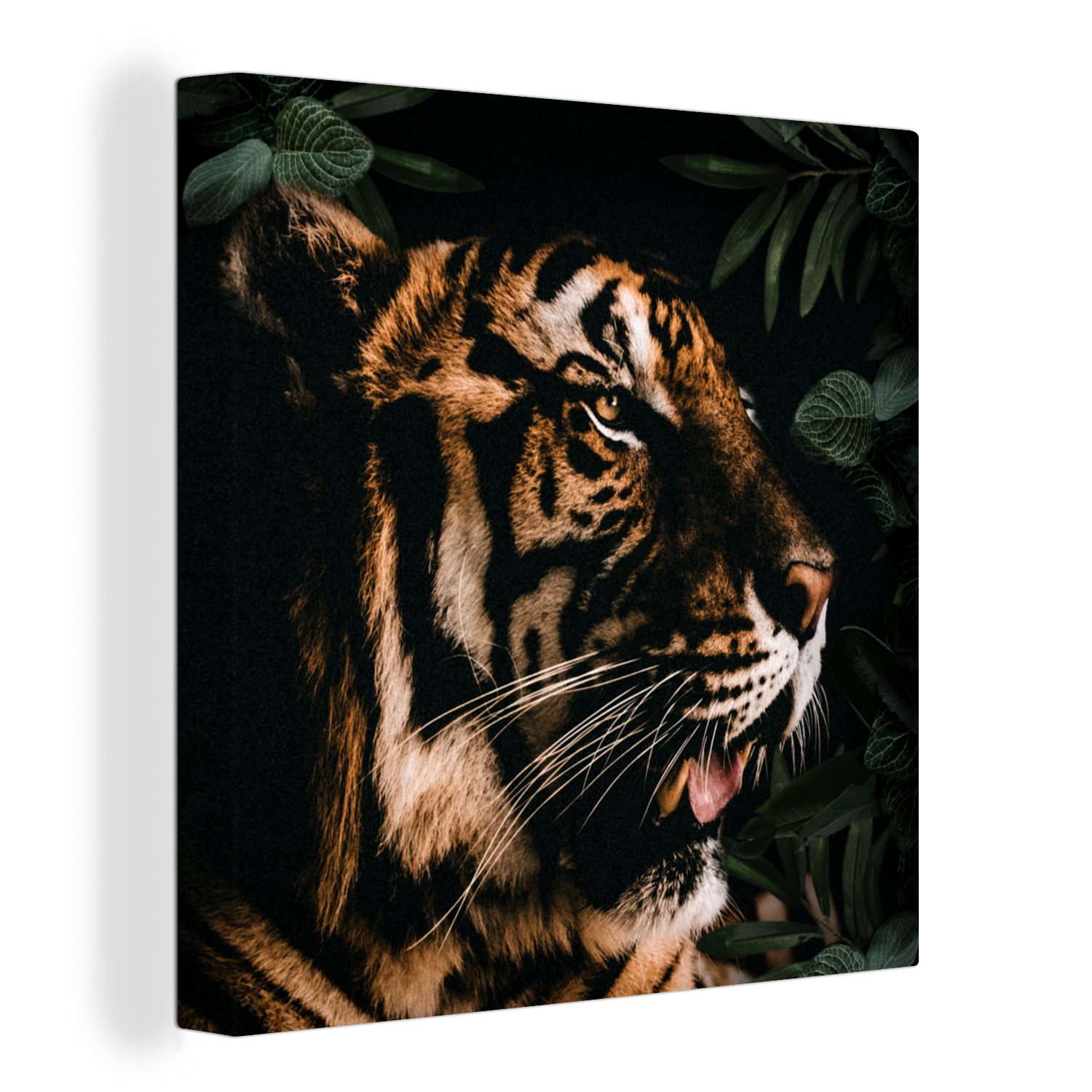 OneMillionCanvasses® Leinwandbild Tiger - Blätter - Tier, (1 St), Leinwand Bilder für Wohnzimmer Schlafzimmer