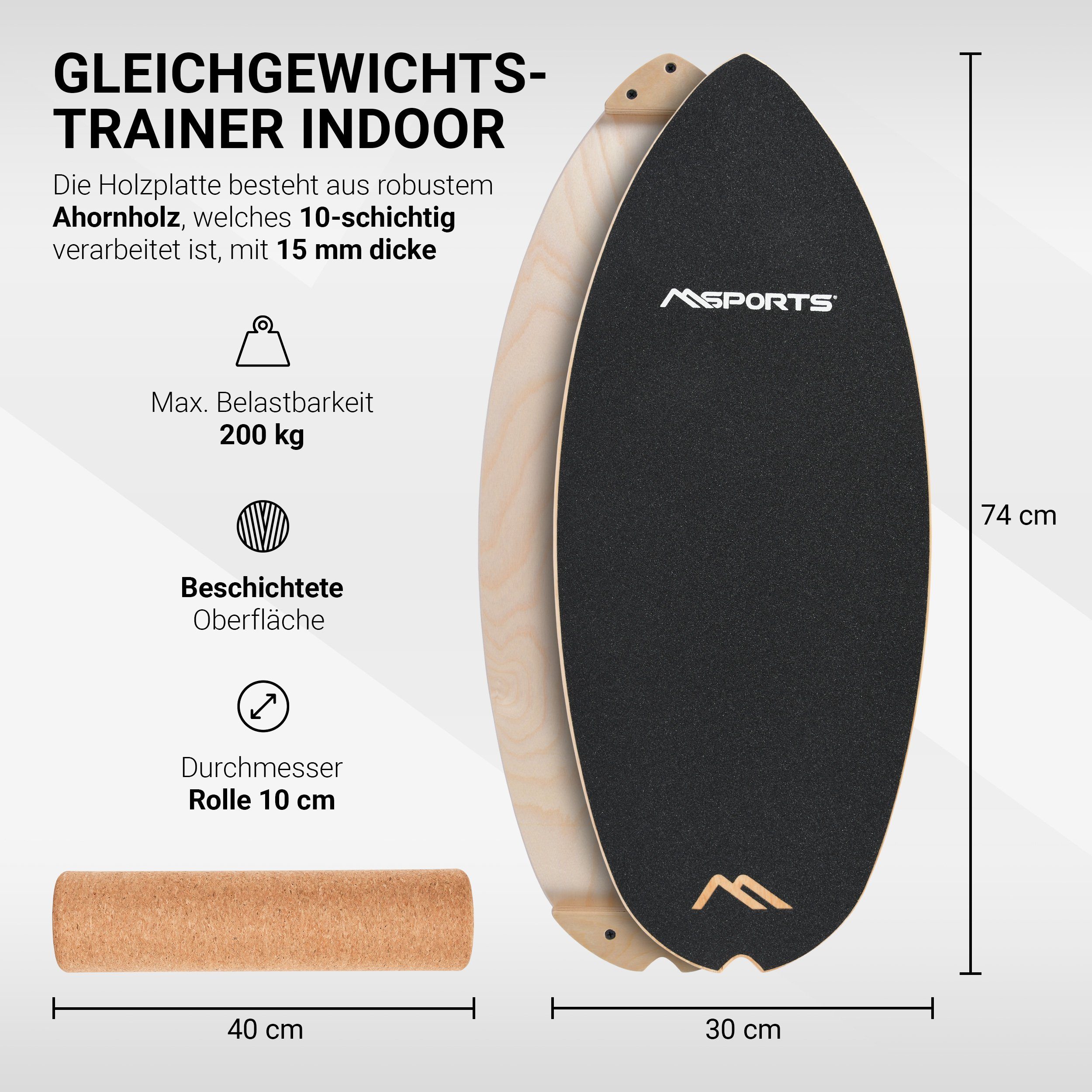 MSports® Balanceboard Surf Balance Board aus Holz/Balance Skateboard inkl. Rolle