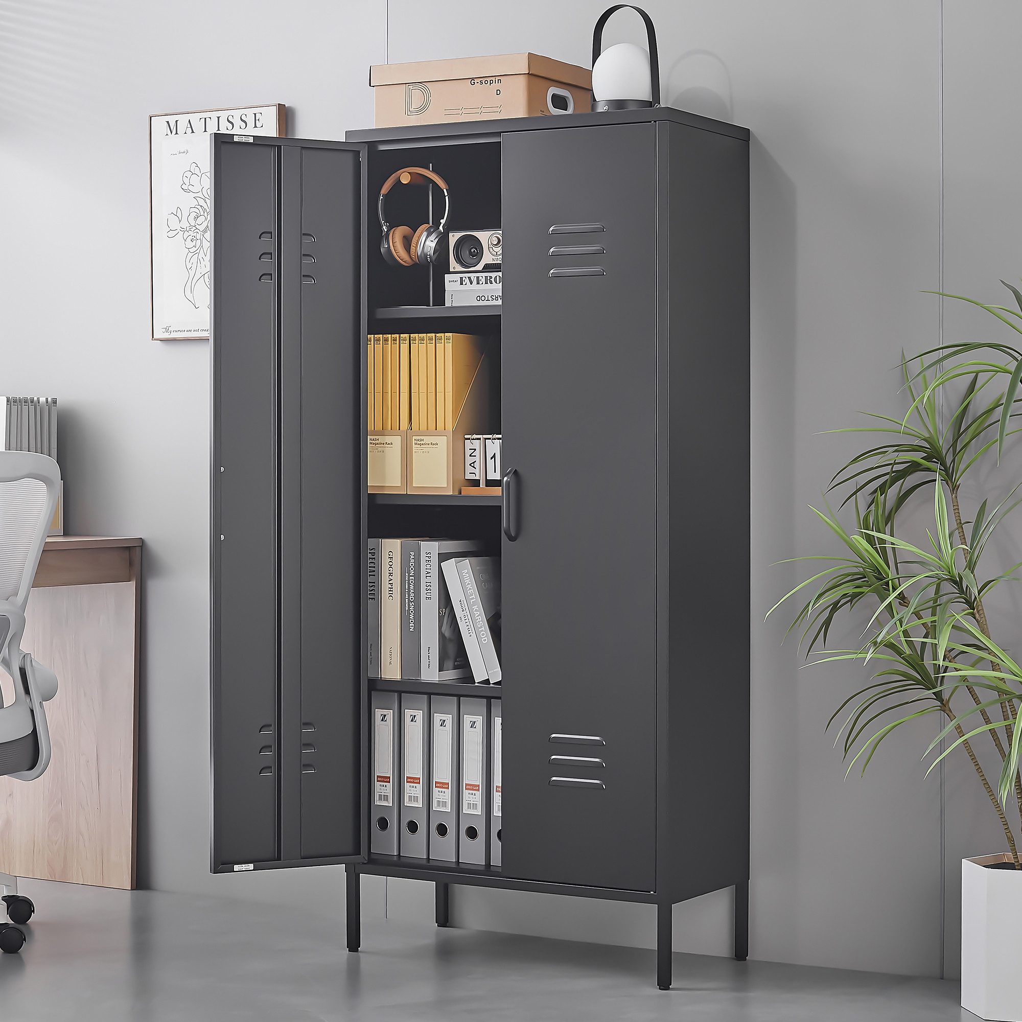 Odikalo Mehrzweckschrank Metallschrank Spind mit 2 Türen und 3 verstellbaren Einlegeböden (Ideal for Storage in Bedroom, Living Room, Office & Gym)