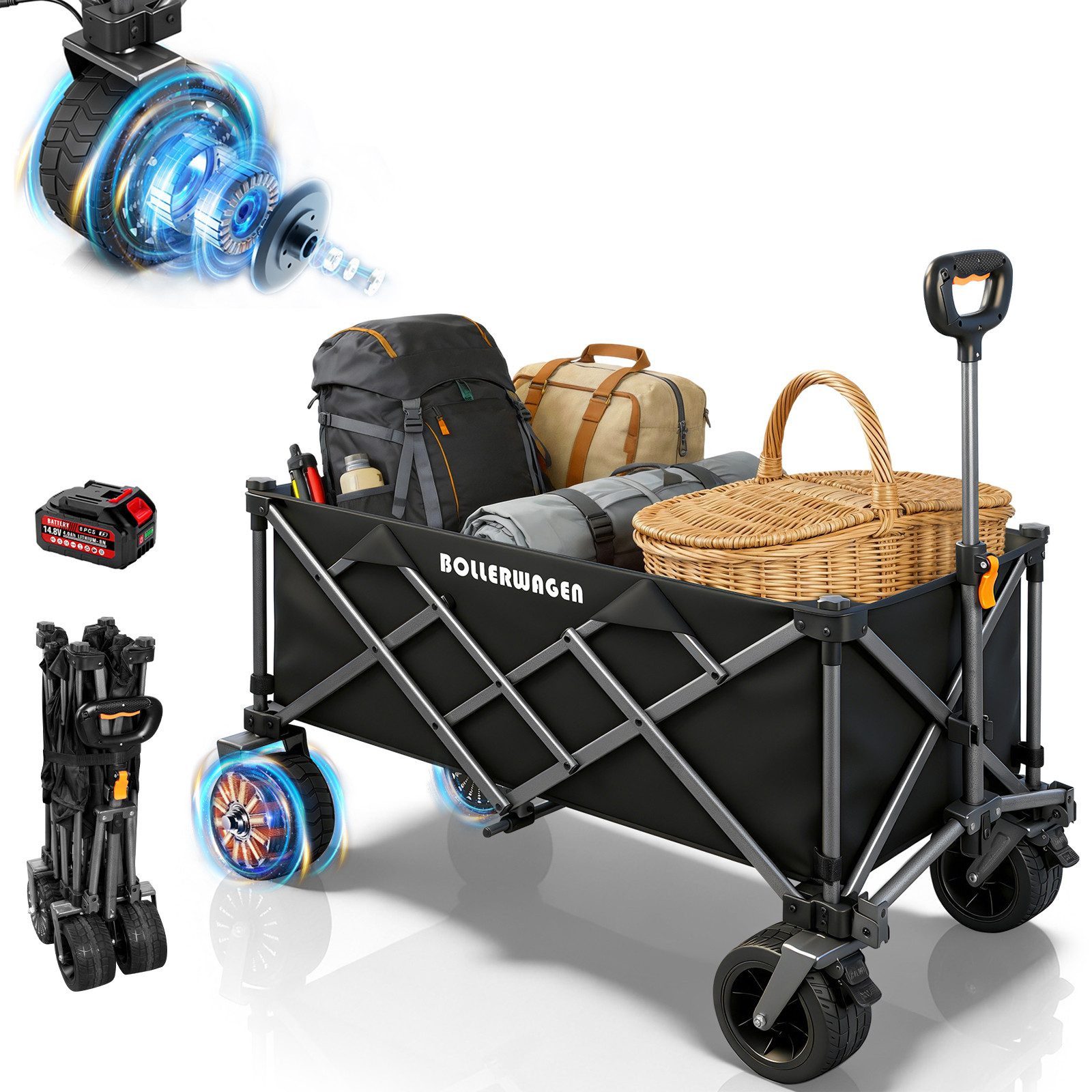 XIIW Bollerwagen Elektrokarre Campingwagen Faltbar Handwagen Strandwagen Gartenwagen (4,0Ah-Akku, 3Gang, 280L, 120KG, 50W Bürstenlos Motor), Kompatibel mit Makita Akku für Camping Strand Einkauf