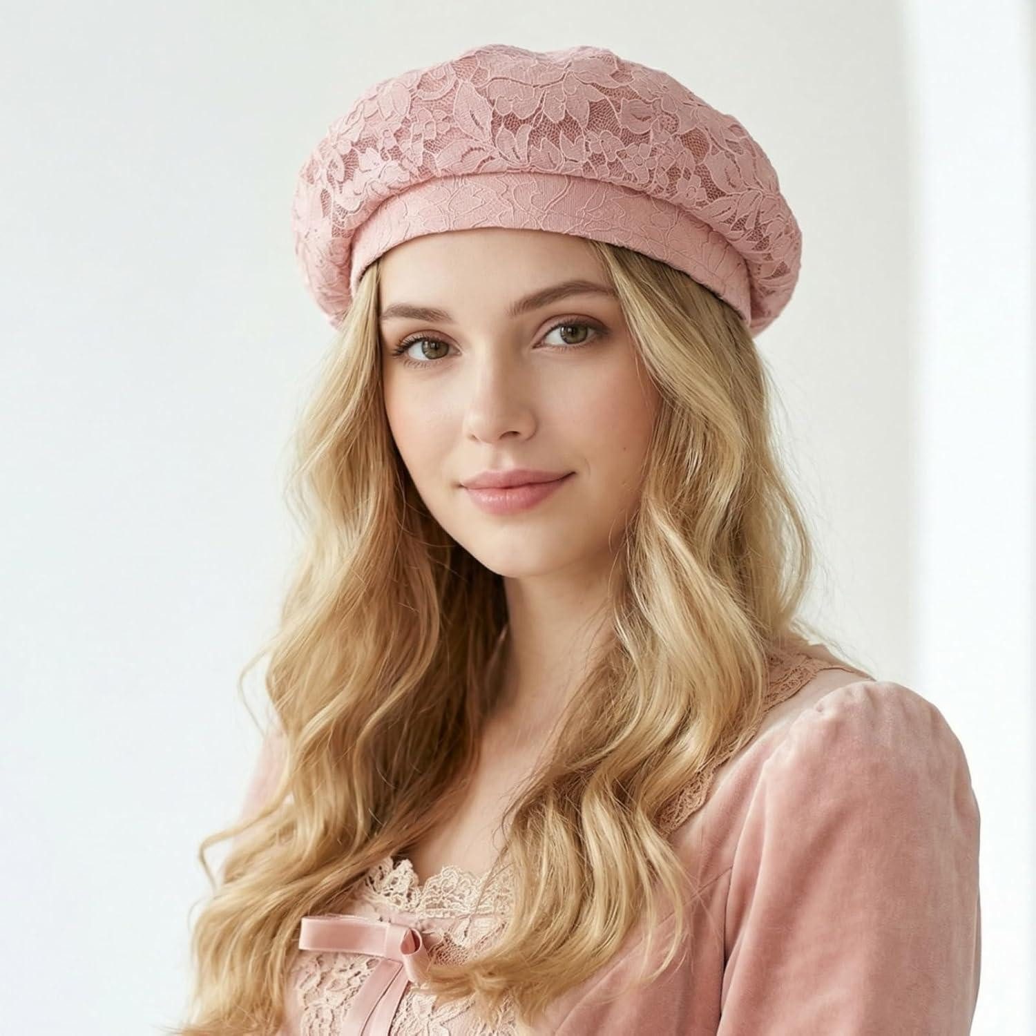 LuxusKollektion Baskenmütze Baskenmütze Damen Beret Spitze atmungsaktiv Einheitsgröße Rosa