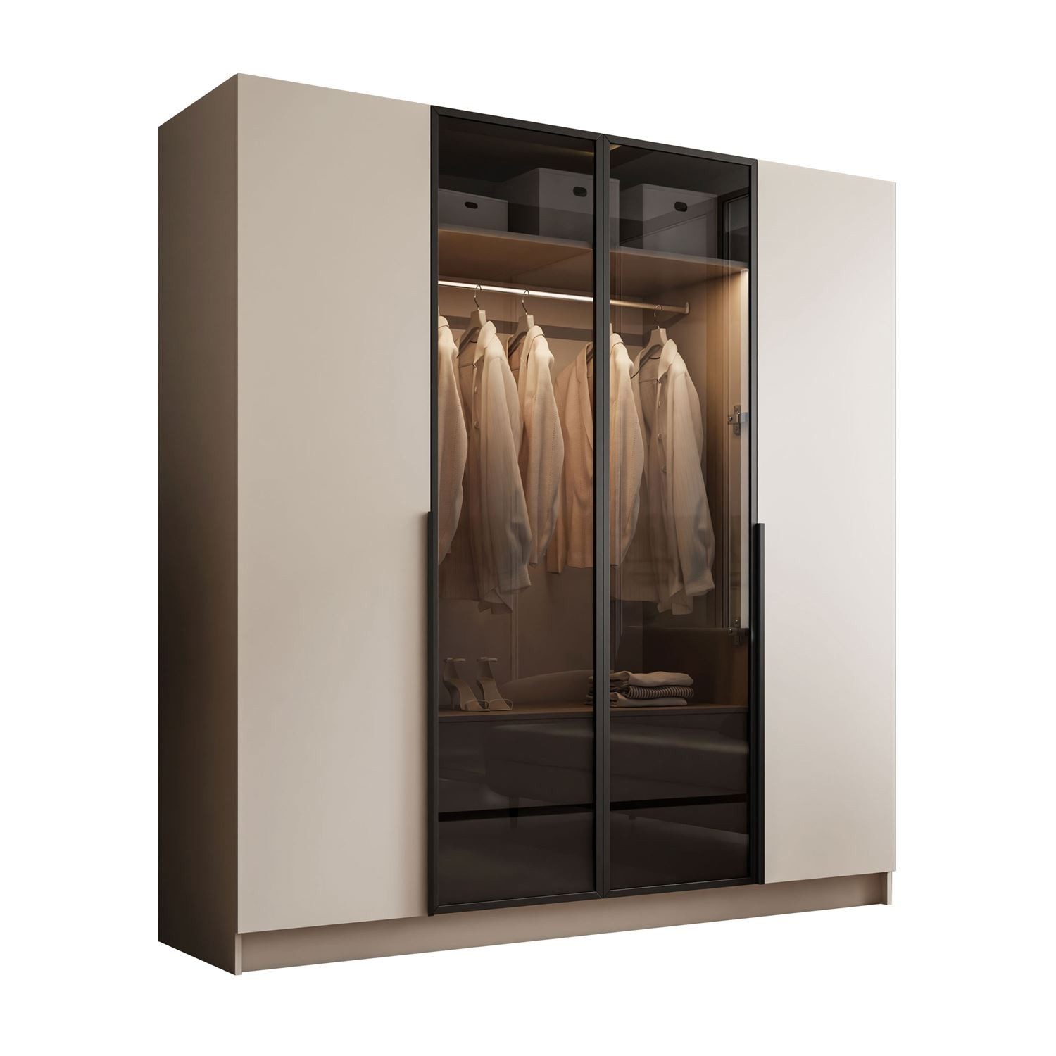 Lookway Kleiderschrank ATRIUM Viertüriger Schrank mit Glasfront inklusive Trageservice 200x57x210