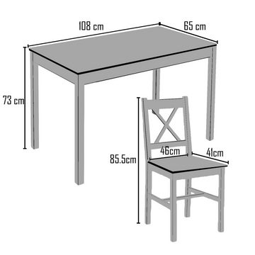 JINPALAY Esszimmer-Set Kiefernholz Esstischset: 4 Stühle und 1 Tisch, (Set, 5-St), Pflegeleicht/Wasserdicht, Tisch108 x 65 x 73 cm, Stuhl41 x 46 x 85 cm