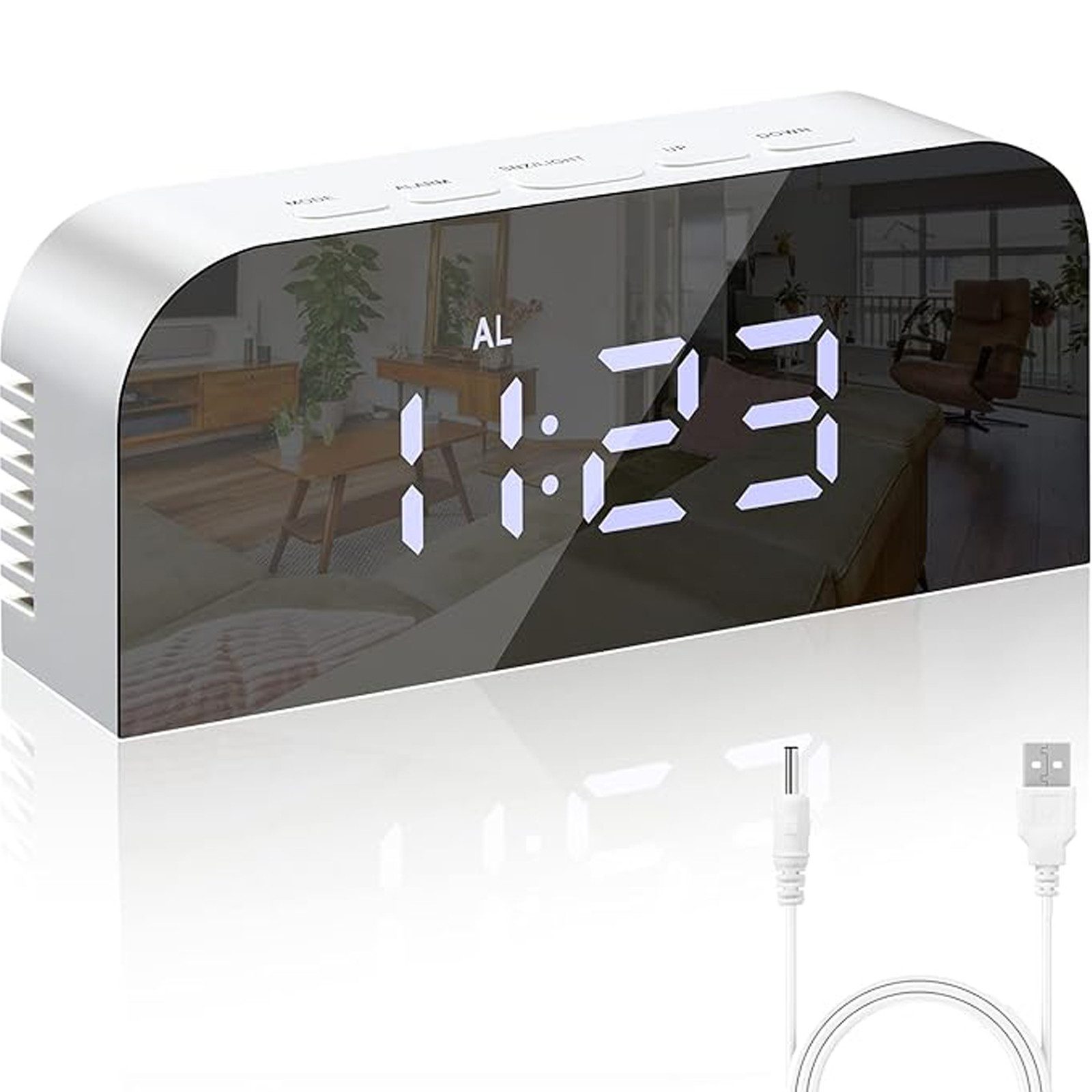 MODFU Wecker Digital Spiegel Wecker Uhr LED Digitalwecker Digitaluhr Alarm 12/24H mit 2 Helligkeitsstufen 2 USB Alarmer Temperatur Schlummerfunktion