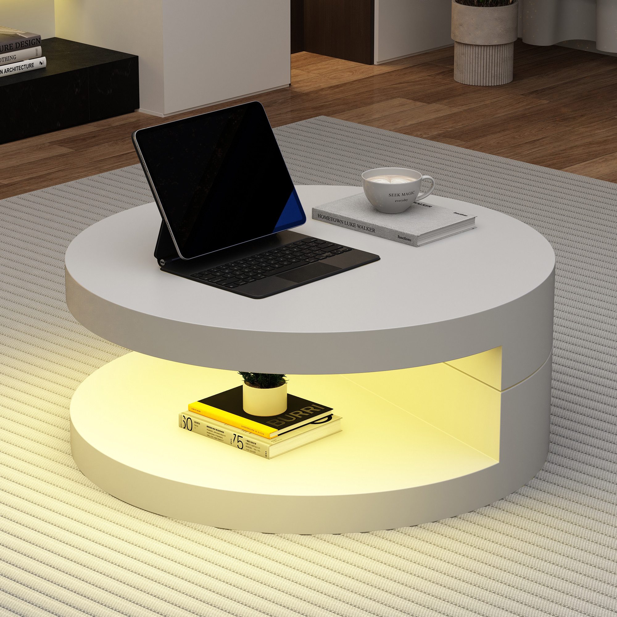 MODFU Couchtisch Zylindrischer Satztisch (Satztisch, 1-St., Doppelschichtiger Sofatisch), Obere Tischplatte 360° frei drehbar