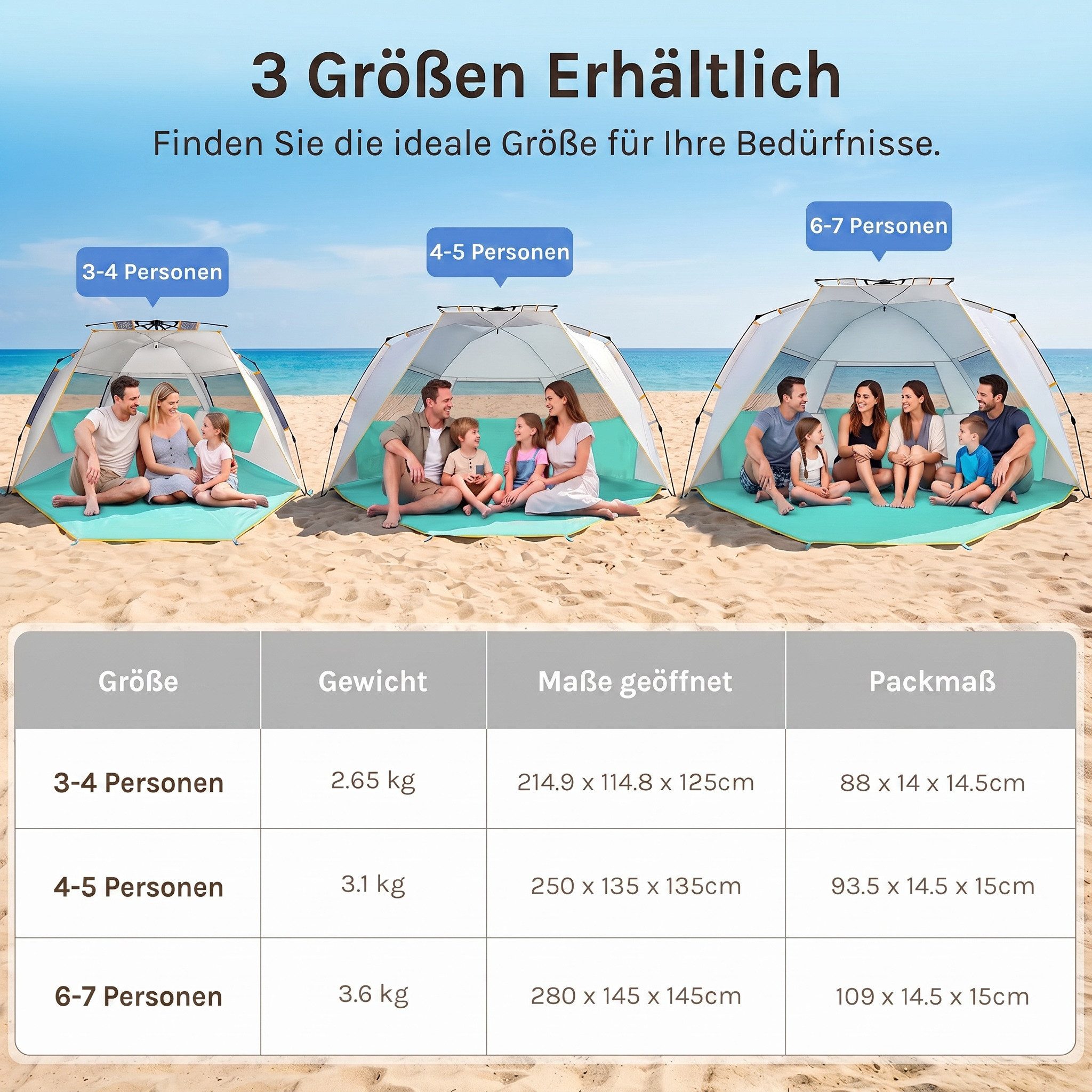 Wolfwise Strandmuschel Strandpavillon UV50+ leicht aufbau wasserfest Mesh-Fenster Strand., Personen: 7 (Set, 1 Strandmuschel, 4 Abspannleinen, 10 Heringe), UPF 50+, Wasserabweisend, Kordelzug