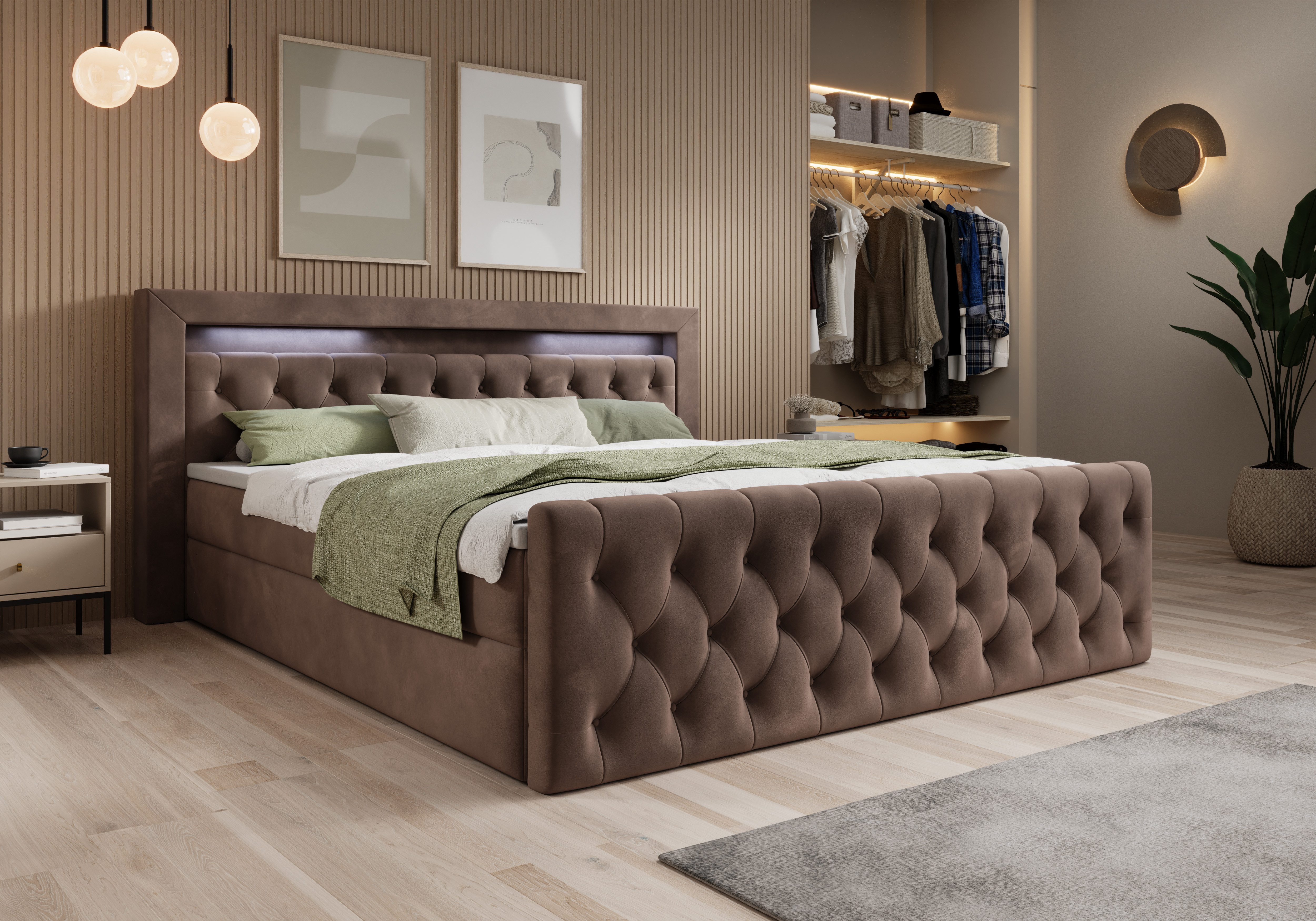 thematys Boxbett LED mit Bettkasten 140x200–200x200 cm – Velours oder Bouclé Bezug – (Polsterbett Bonnellfederkern Matratze H3 + Gratis 3cm Topper, Boxbett - Luxus Doppelbett mit Stauraum und LED)