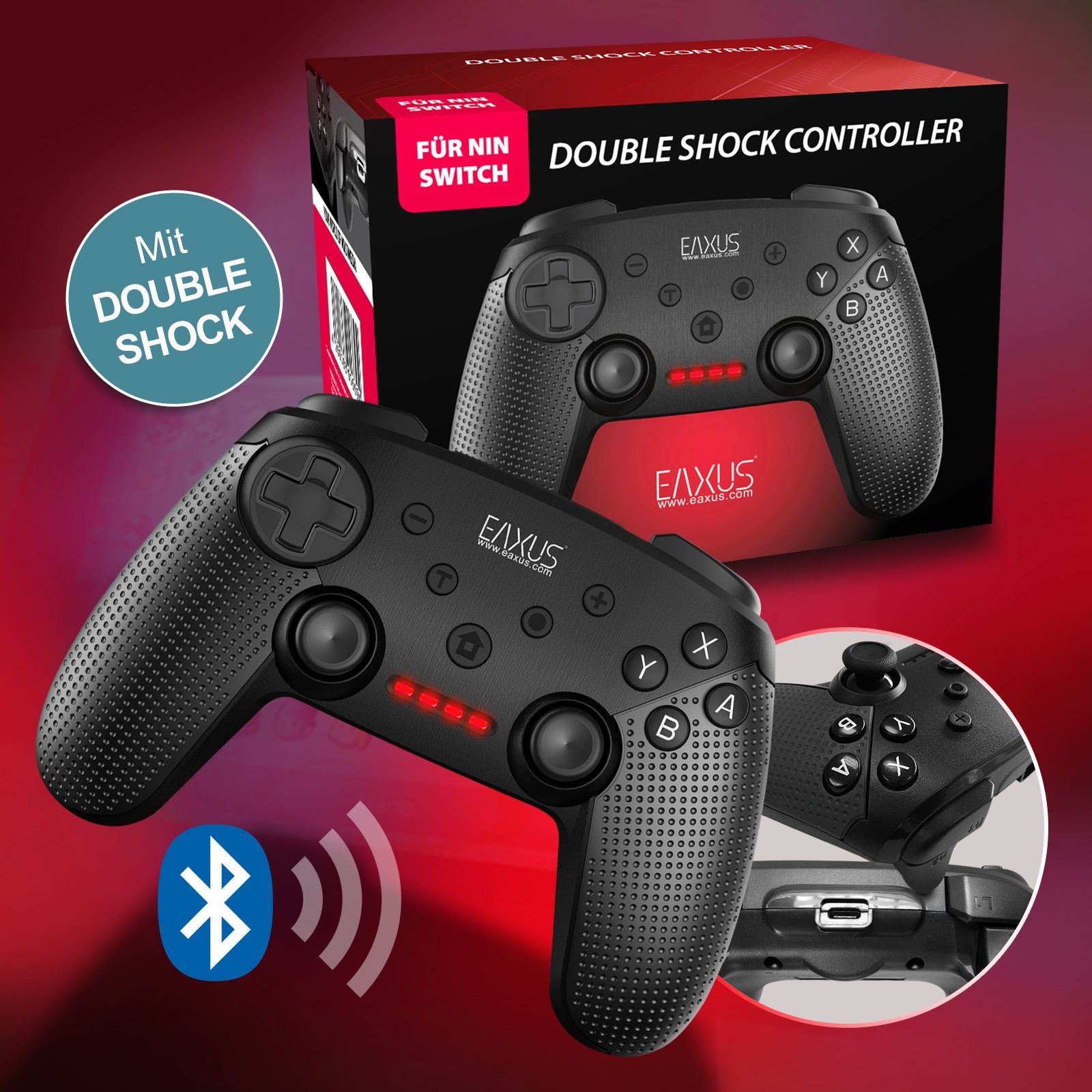 EAXUS Kabelloser DoubleShock Controller für Nintendo Switch Switch-Controller (1 St., Bluetooth Gamepad, mit Turbo-Funktion)