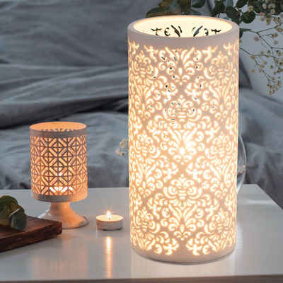 etc-shop LED Tischleuchte, Leuchtmittel nicht inklusive, Design Tisch Leuchte Beistell Wohn Zimmer Dekor Muster weiß Porzellan