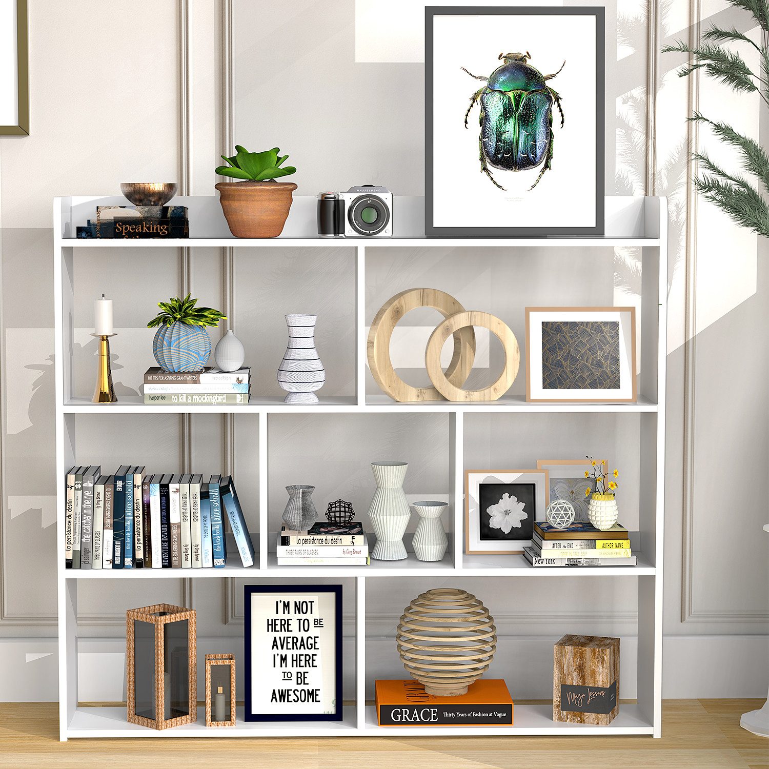 oyajia Bücherregal Würfelregal, Standregal, 7 offene Fächer, horizontal, Büroregal, Bücherregal, 97.5 x 90 x 16 cm, für Wohnzimmer, Arbeitszimmer, Büro