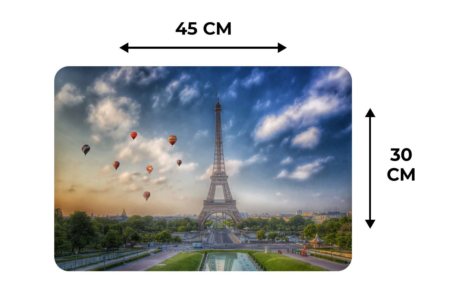 Eiffelturm mit über Tischmatten, Hintergrund Der Platzdecken, Platzset, (6-St), Schmutzabweisend Platzmatte, im MuchoWow, Paris, Platzset, Heißluftballons