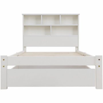 Gotagee Holzbett Holz Doppelbett mit Schubladen+Lattenrost Bücherregal Kinderbett Weiß