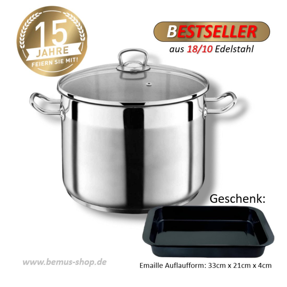 bemus Kochtopf BenVita Edelstahltopf, Allzwecktopf 10 Liter, 15 Liter & 20 Liter, Edelstahl 18/10, 10L, 15L, 20L (Jumbotopf mit Glasdeckel, Induktion - (Party, Ostern, Weihnachten, Geschenke Idee, Geburtstag), Kaltmetallgriffe