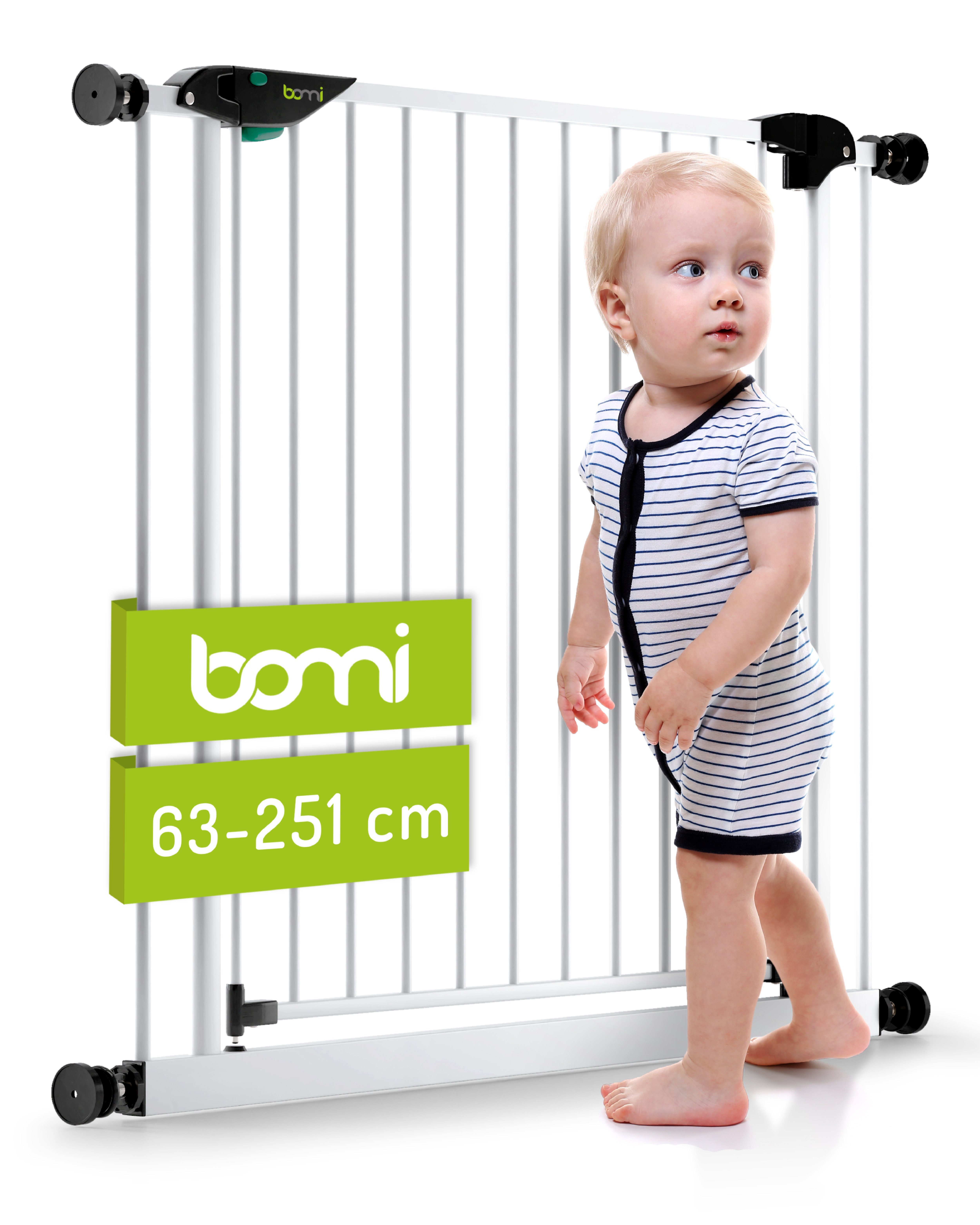 BOMI Türschutzgitter Kinderschutzgitter ohne Bohren Mira 63-251 cm,  Babygitter zum Klemmen - 90 Grad Feststellfunktion der Tür