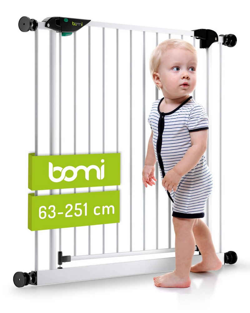 BOMI Türschutzgitter Kinderschutzgitter ohne Bohren Mira 63-251 cm, Babygitter zum Klemmen - 90 Grad Feststellfunktion der Tür