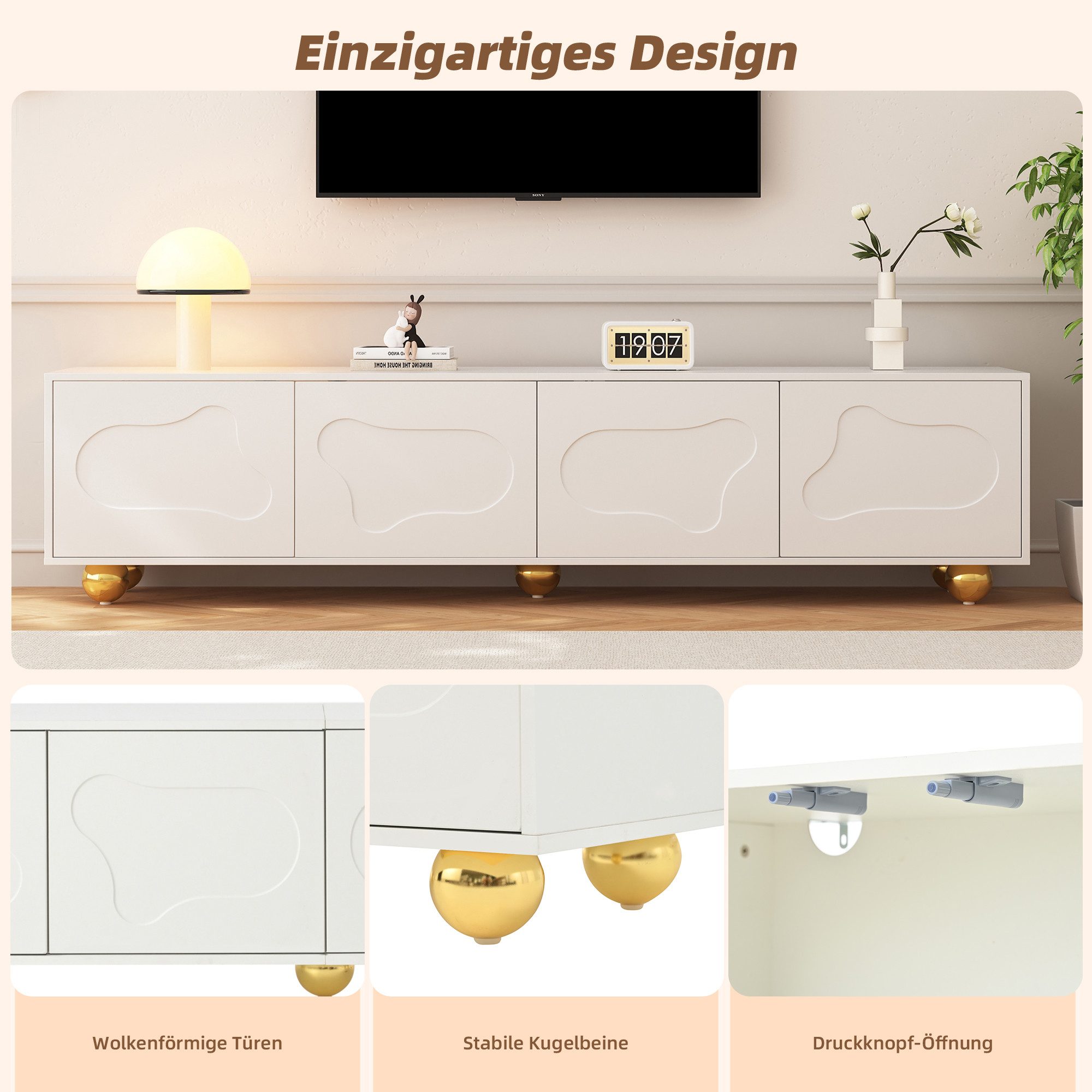 Merax Lowboard hochglanz TV-Lowboard im Wolken-Design (180x40x45cm, 1 St., Fernsehschrank Fernsehtisch), TV-Schrank mit 2 Schränke, 4 Türen & 5 stabile Standfüß – Bild 5 von 5