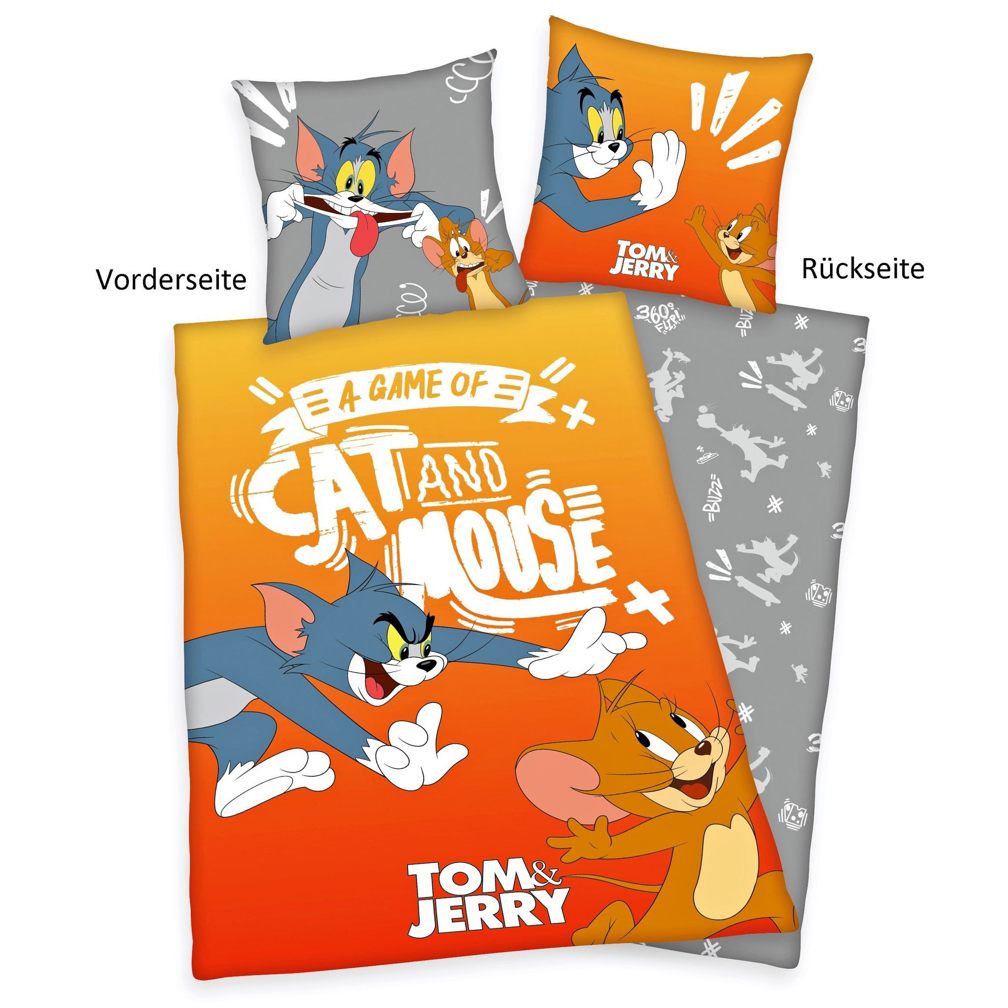 Herding Kinderbettwäsche Tom & Jerry 135x200cm Jagd nach Katz & Maus, Renforcé, 2 teilig, TOM AND JERRY, Orange Anthrazit, Baumwolle – Bild 4 von 5