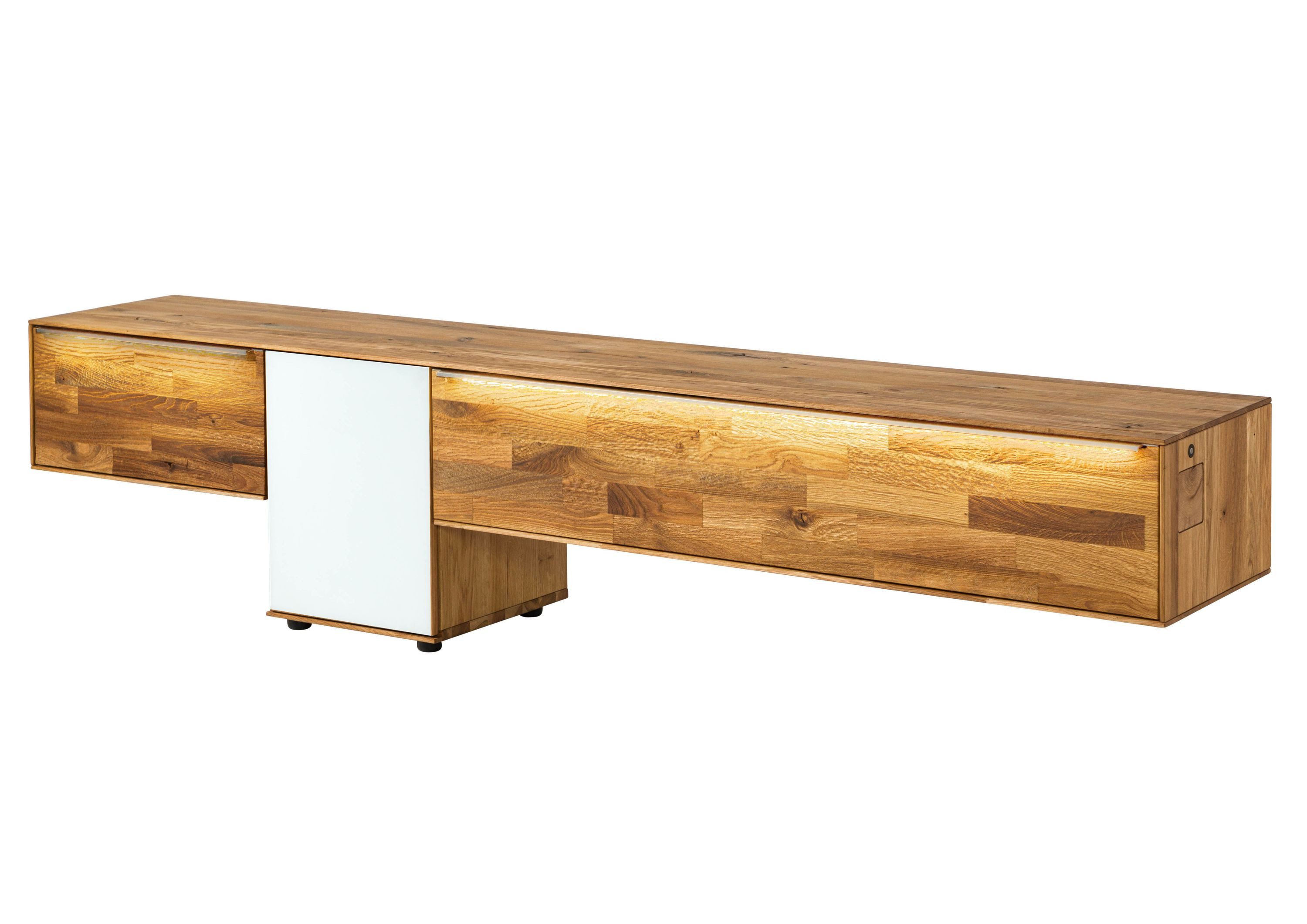 Massivmoebel24 Lowboard WIEN (Massivholz), Wildeiche 220x43x55 natur geölt / Glas weiß WIEN #107