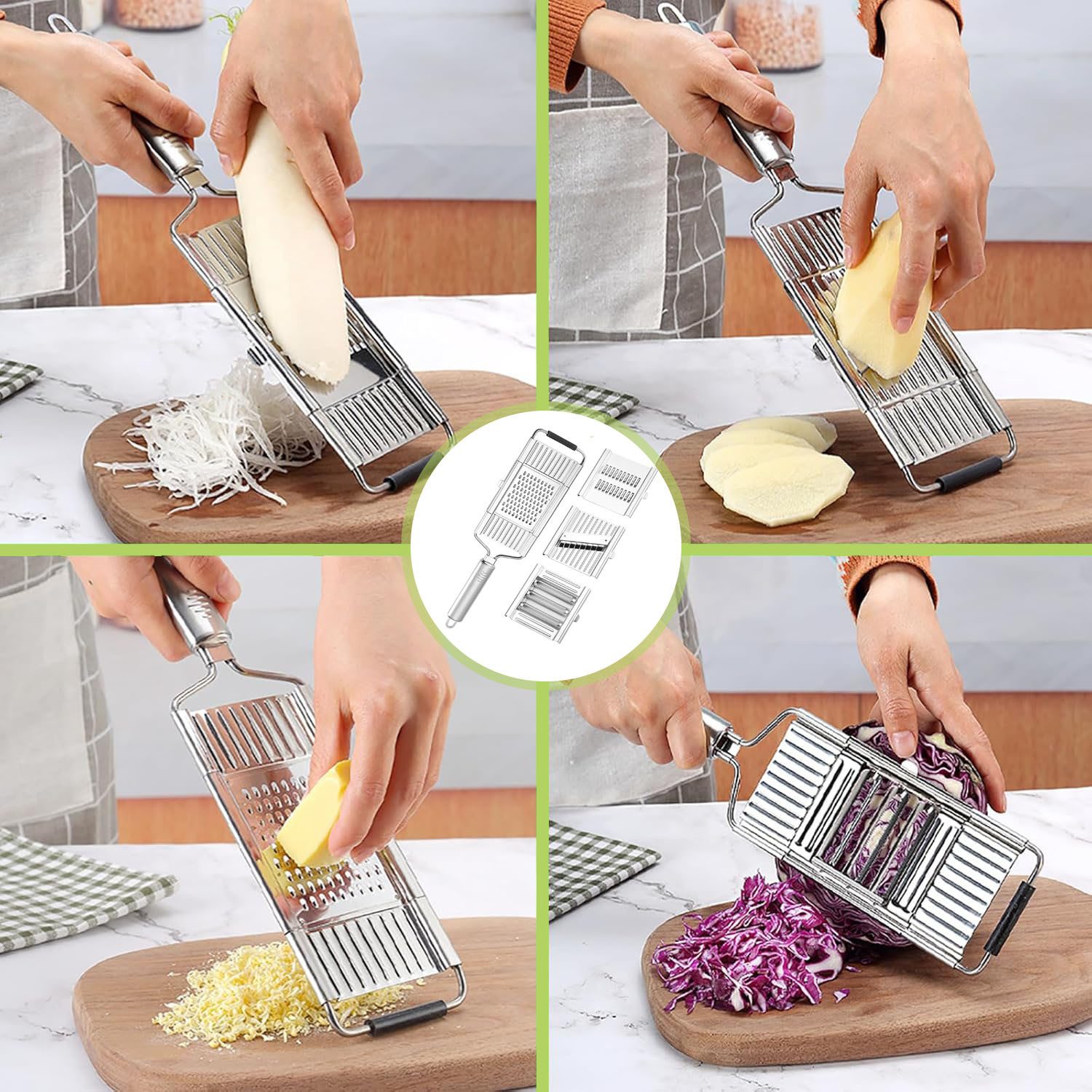 SURFOU Gemüsehobel 4-in-1 Verstellbar Edelstahl Gemüsereibe Küchenhobel und Reibe, emüsereibe, Heimküche, in Scheiben geschnitten, 4 teiliges Set