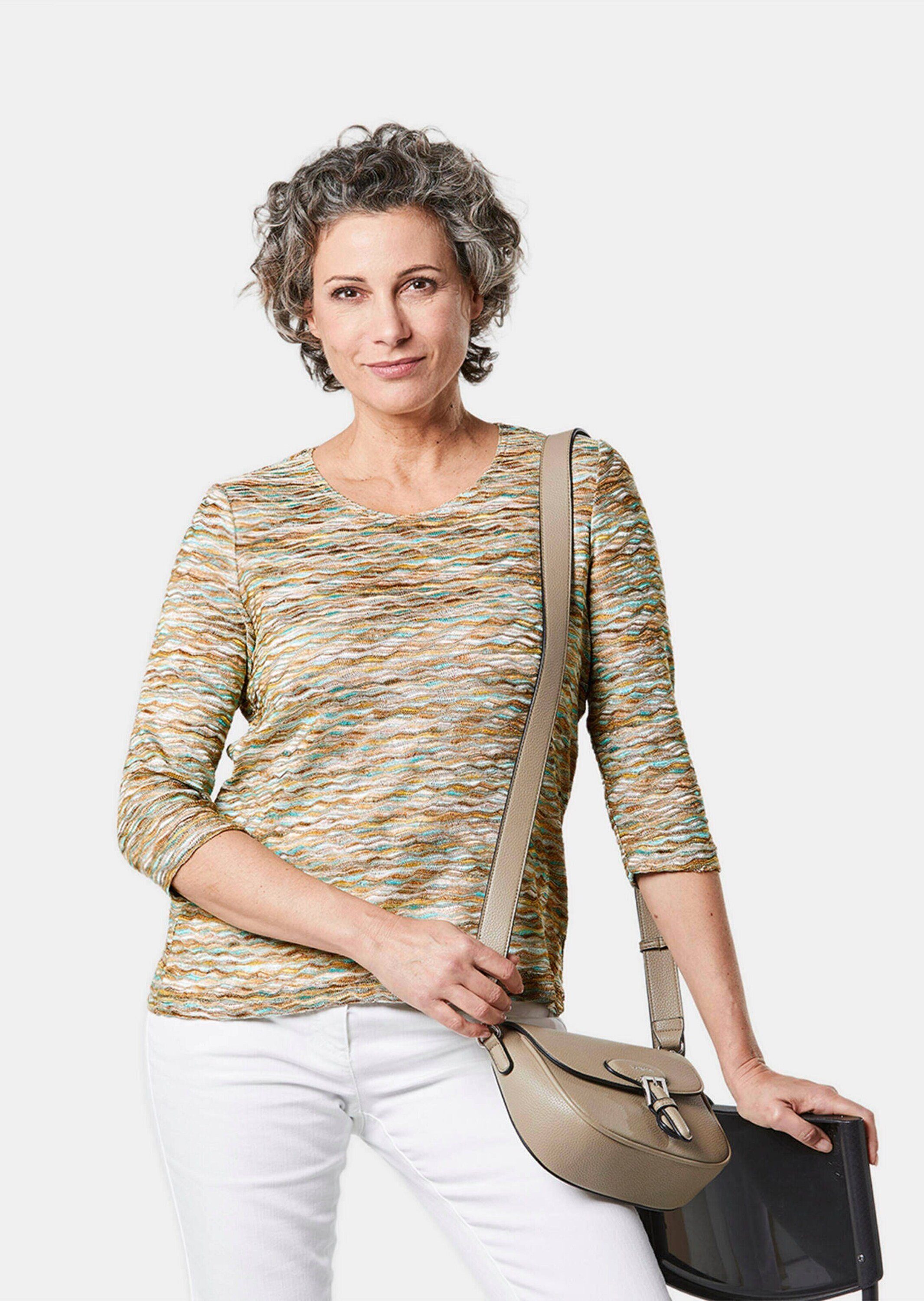 sand Multicolorshirt in Stilvolles Feinstrick pflegeleichtem GOLDNER / gemustert 3/4-Arm-Shirt