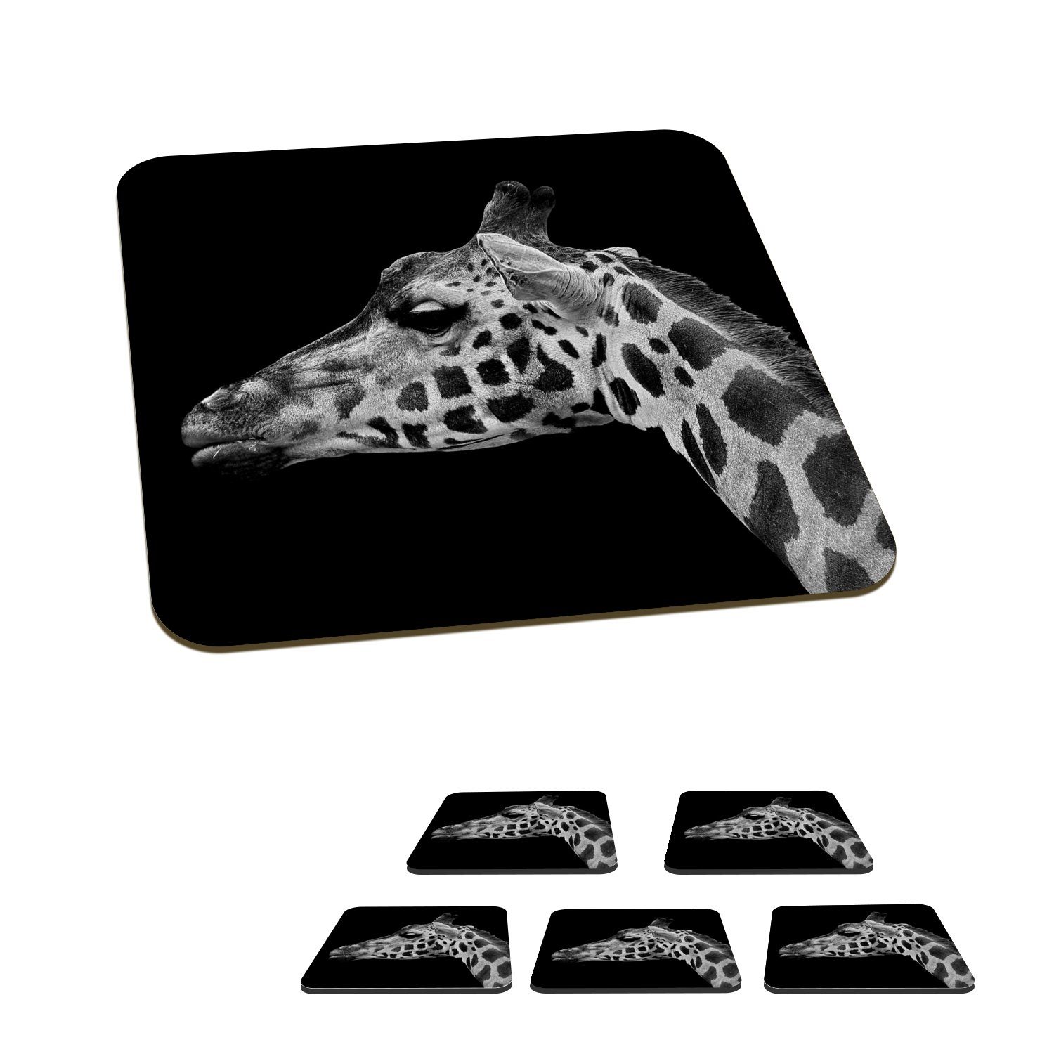 MuchoWow Glasuntersetzer Tiere - Giraffe - Schwarz - Weiß, Zubehör für Gläser, 6-tlg., Glasuntersetzer, Tischuntersetzer, Korkuntersetzer, Untersetzer, Tasse