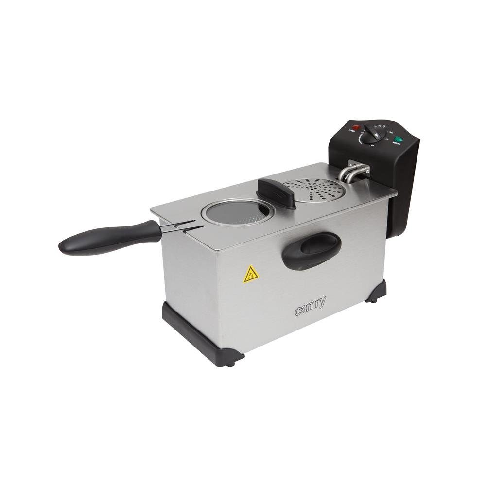 Camry Fritteuse, mit Öl, groß, 3 Liter Kapazität, mit Temperaturregelung, mit Deckel, Edelstahl, silber