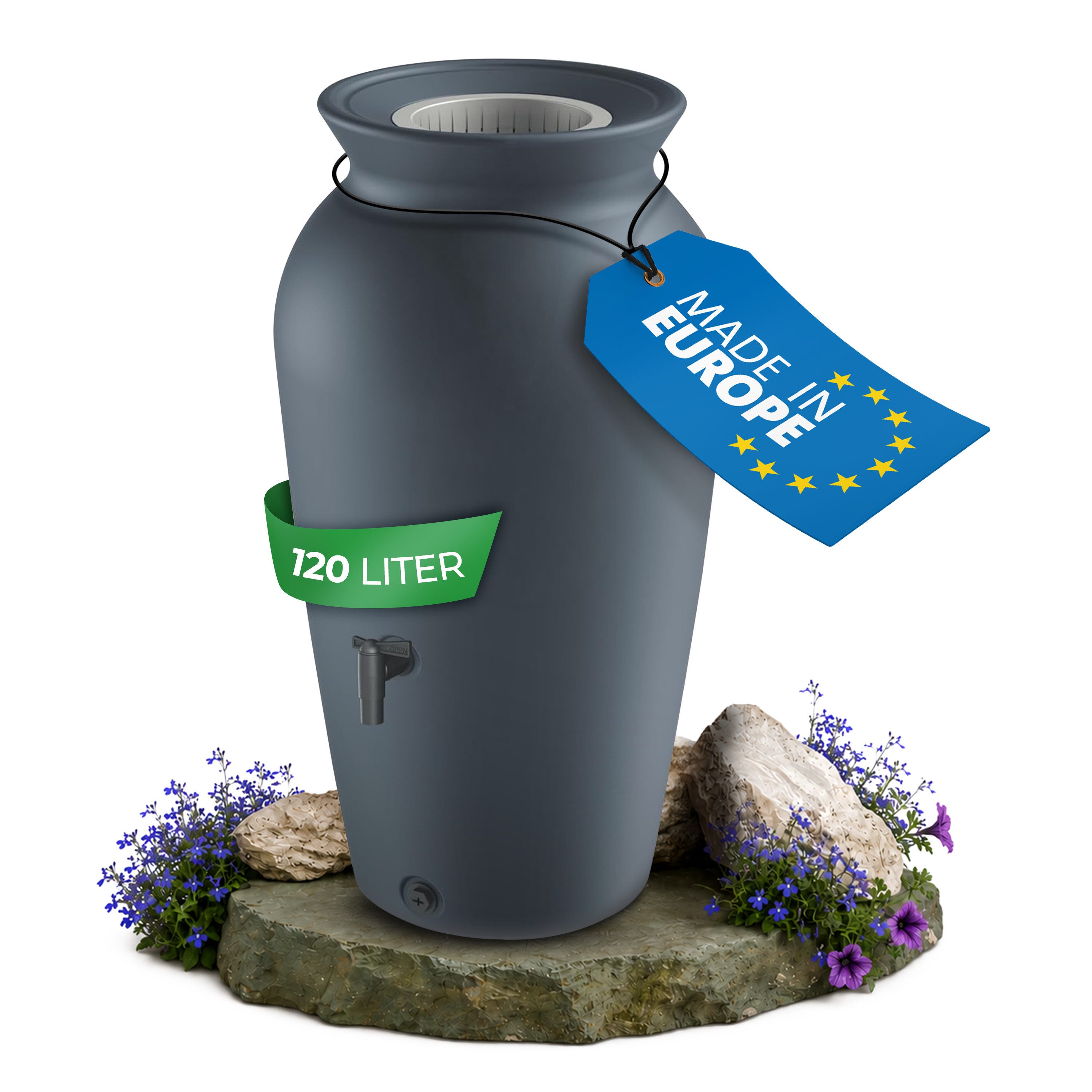 YourCasa Regentonne 120-230 Liter [DropCatcher] mit Filterkorb, 120 l, Frostsicher, Filterkorb, Wasserhahn