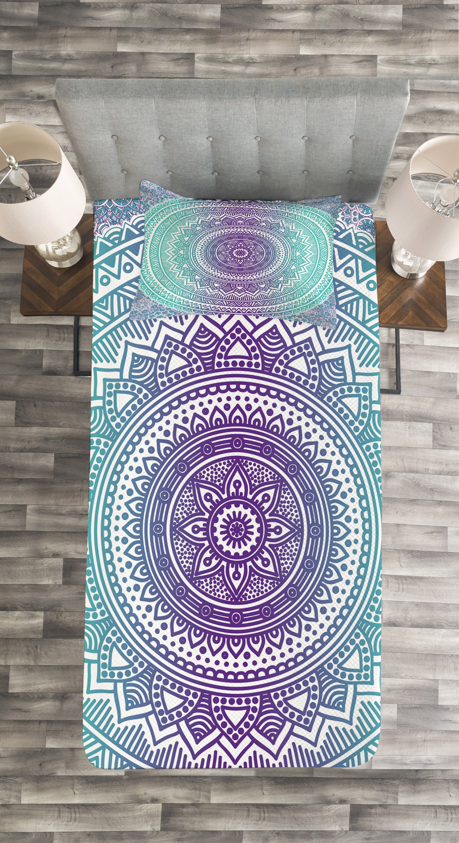 und Tagesdecke Hippie-Mandala Kissenbezügen Waschbar, Blau Abakuhaus, Lila Set mit