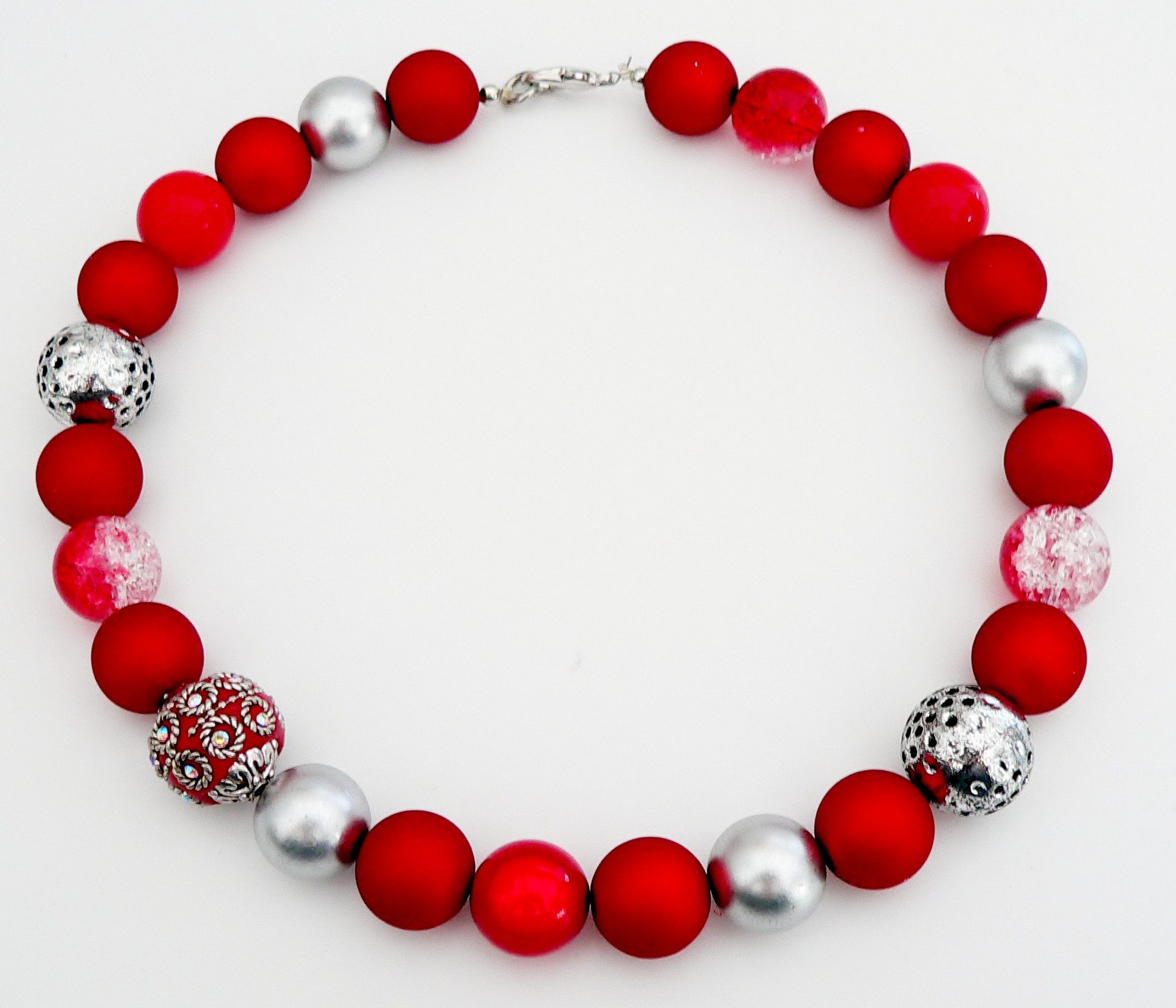 traumschmuck Kette ohne Anhänger 247b Halskette Perlenkette Collier Perlenmix 14-18mm rot silber (Geschenk, Muttertag, Weihnachten, Geburtstag, Valentinstag, incl. Schmuckbox), handgefertigt, Made in Germany