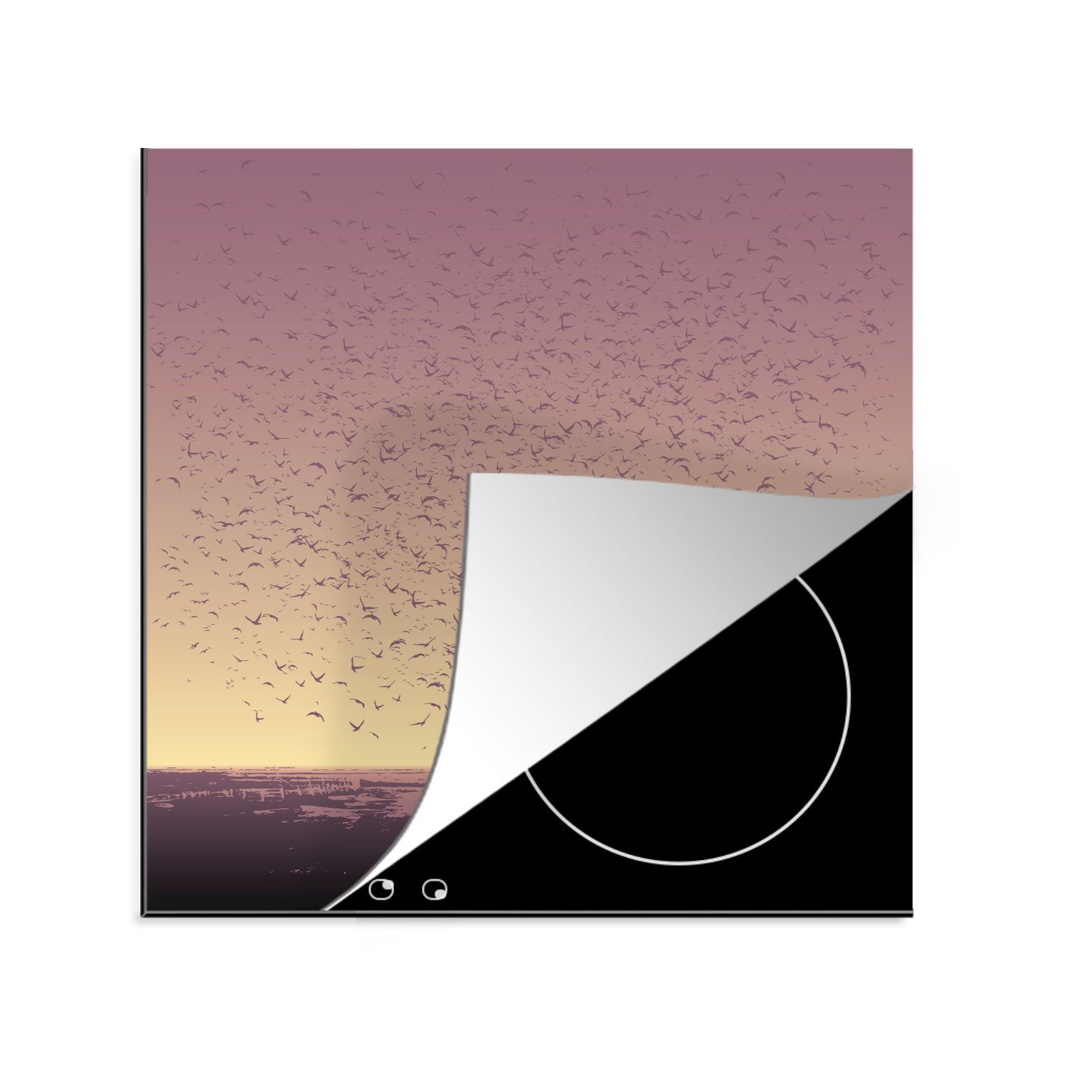 Vogelschwarm Großer 78x78 Himmel, für mit Arbeitsplatte Herdblende-/Abdeckplatte orangefarbenem MuchoWow (1 Ceranfeldabdeckung, Vinyl, küche tlg), cm,