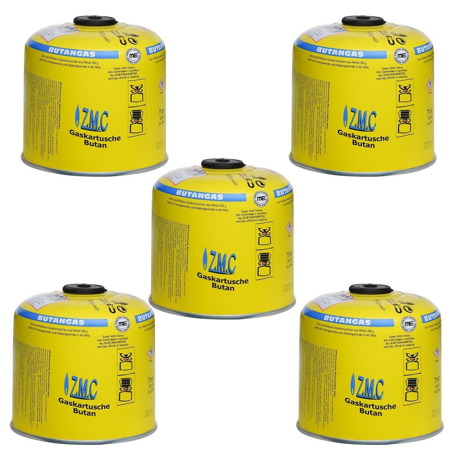 ZMC Gaskartusche 5x Universal Camping Propan Butan Gas 500g Schraubventil Gaskartusche, Zubehör für Butangas Druckgasdose Für Gaskocher / Gaslötgeräte / Abflammgeräte Eurogewinde, Schraubventil Gaskartuschen 990ml Ventilkartusche Gewindeanschluß