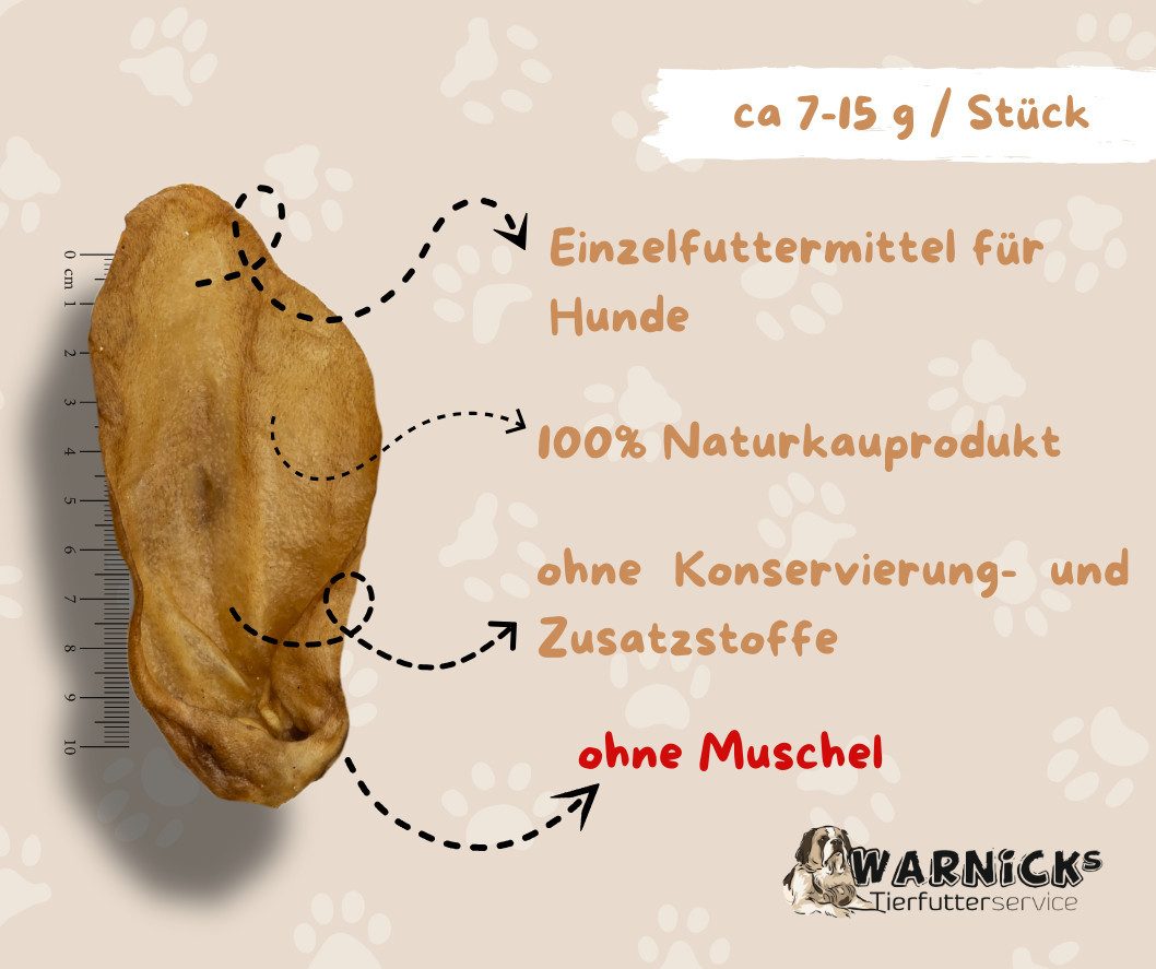 Warnick´s Tierfutterservice Kalbsohren ohne Muscheln - luftgetrockneter, natürlicher Kausnack 50 Stück, Snack für: Hunde