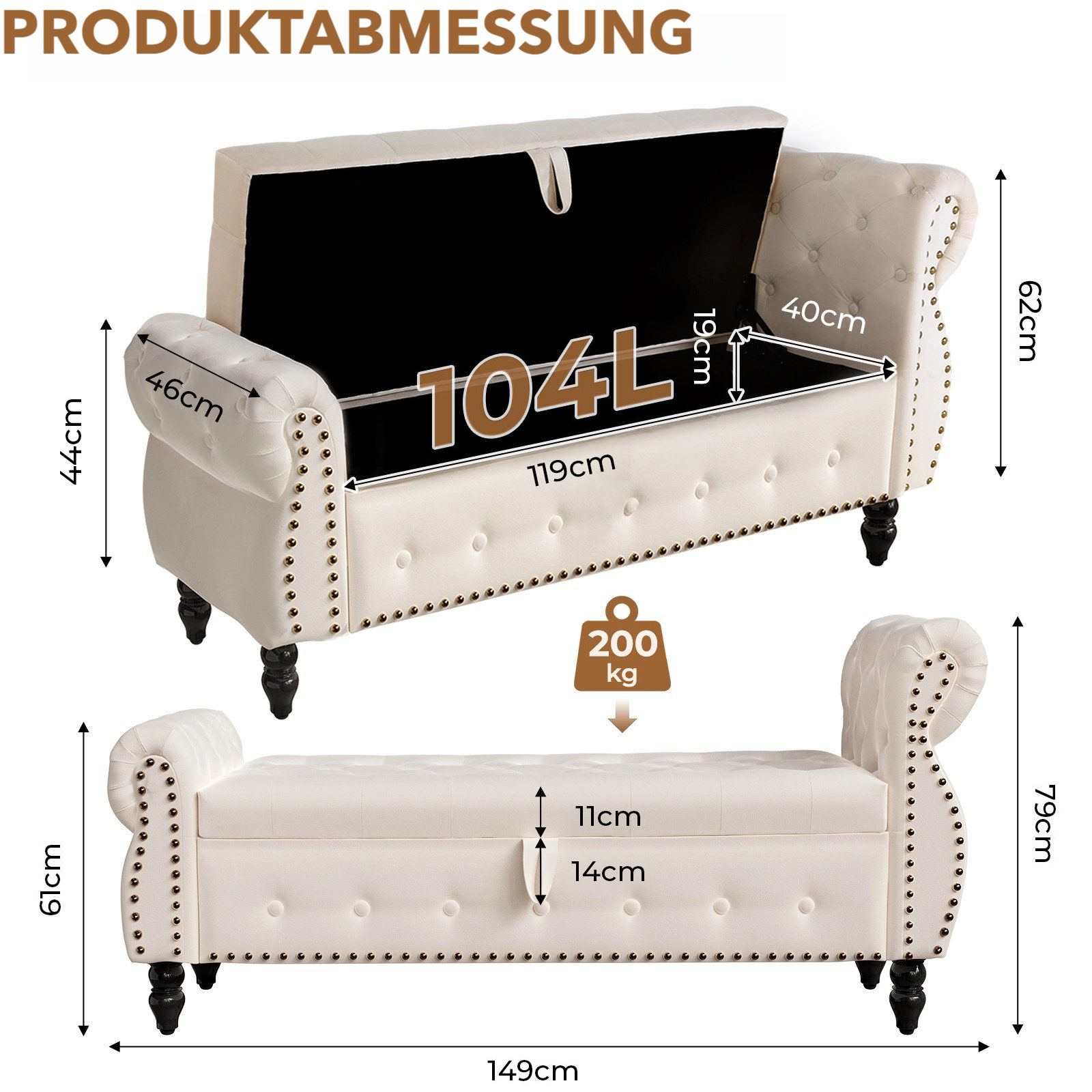 TLGREEN Chaiselongue Doppel-Sitzbank mit Stauraum, klassischer Knopfpolsterung, stabiler Holzrahmenkonstruktion, multifunktionale Sitzbank, für Schlafzimmer, Wohnzimmer und Flur