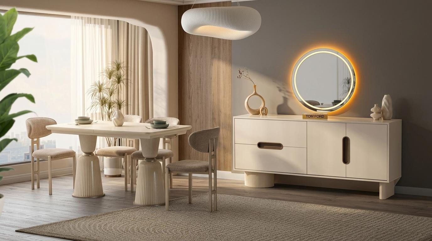 JVmoebel Esszimmer-Set Esstisch 4x Stühle Sideboard Spiegel Modern Beige, Made in Europa