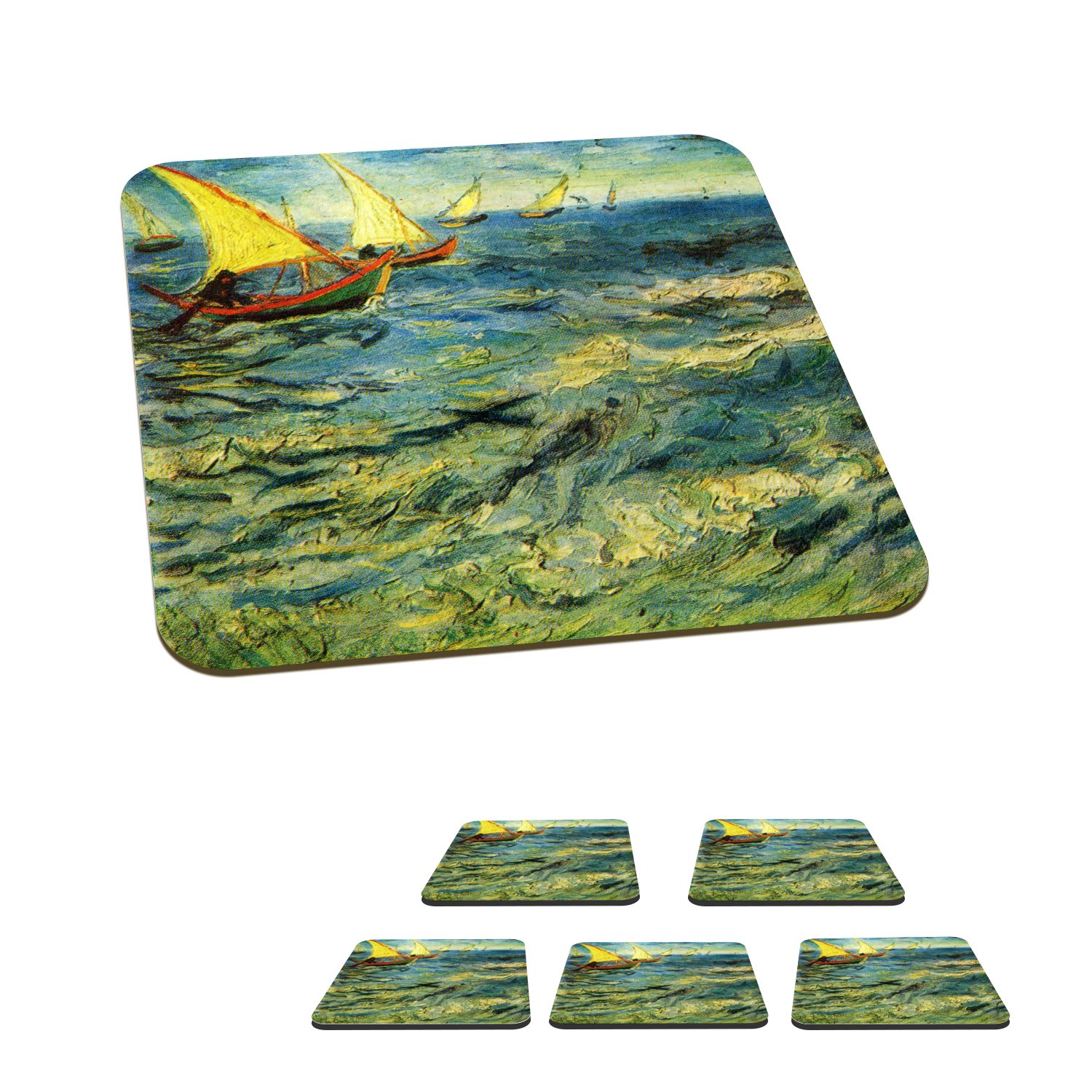 MuchoWow Glasuntersetzer Fischerboote auf See - Gemälde von Vincent van Gogh, Zubehör für Gläser, 6-tlg., Glasuntersetzer, Tischuntersetzer, Korkuntersetzer, Untersetzer, Tasse
