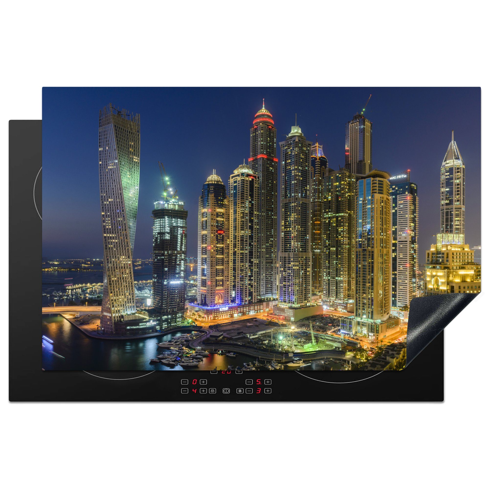 MuchoWow Herdblende-/Abdeckplatte Dubai Marina leuchtet bei Nacht, Vinyl, (1 tlg), 81x52 cm, Induktionskochfeld Schutz für die küche, Ceranfeldabdeckung