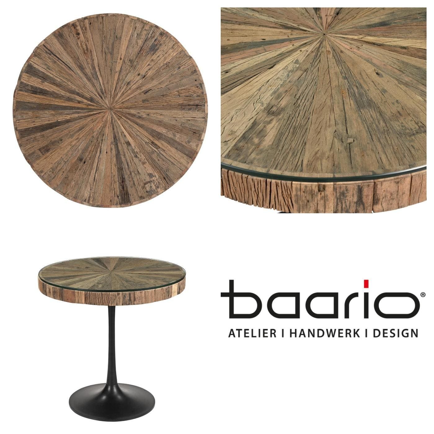 baario Esstisch Bistrotisch MERID rund Altholz, 80 cm kleiner Esstisch Holz Glas & Eisen