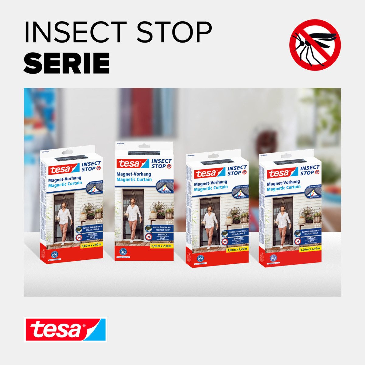 tesa Insektenschutz-Vorhang Insect Stop Magnetvorhang selbstschließend, M - 0,90 m x 2,10 m, (Packung, 1-St., Magnetvorhang, selbstklebendes Klettband), Insektenschutzvorhang mit Magneten - für Balkon- und Terrassentüren