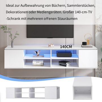 Merax Lowboard Scandi, Fernsehtisch, mit LED und 6 offenen Fächern, TV-Schrank Wandmontage/Freistehend
