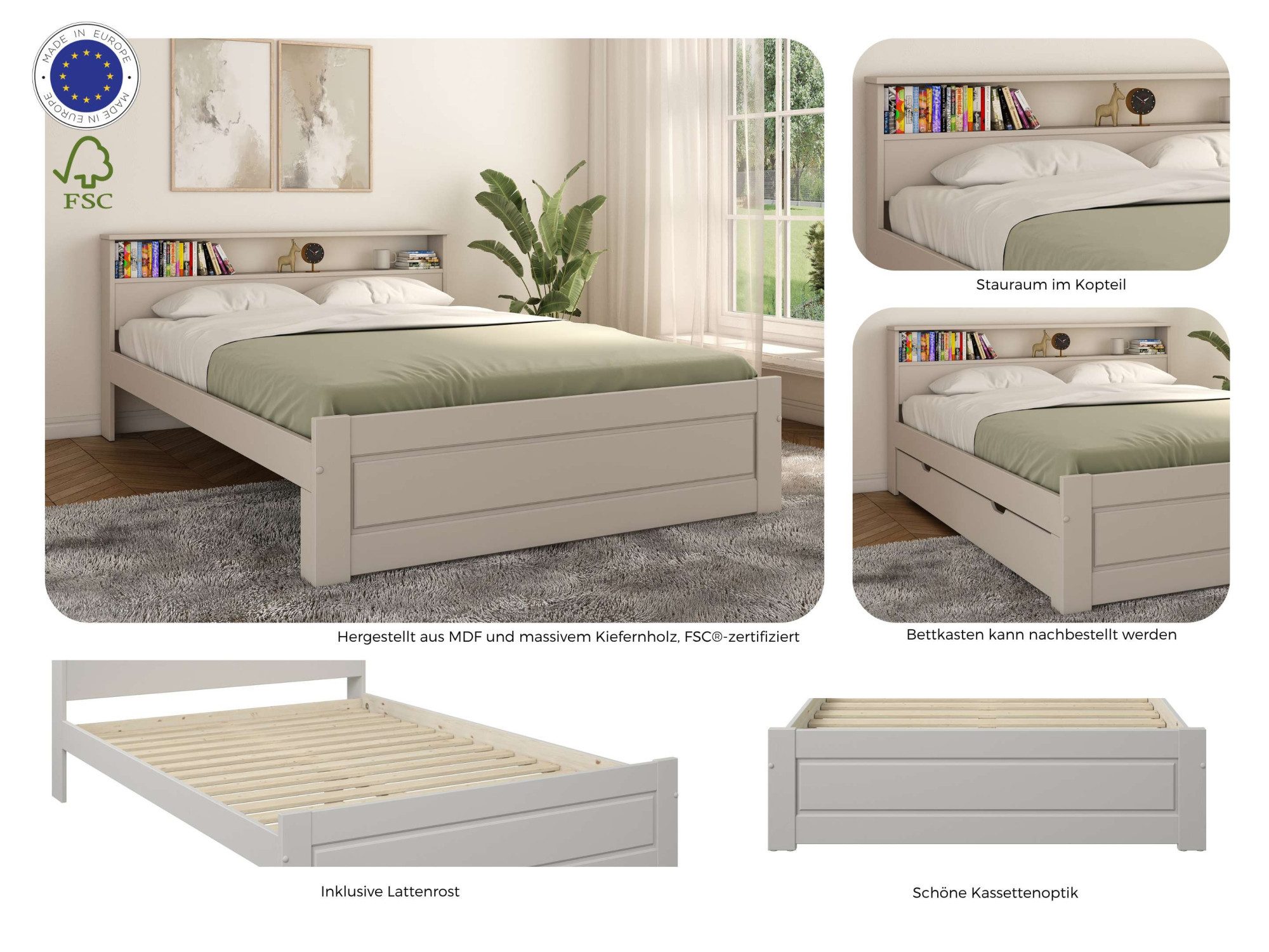 OTTO home Massivholzbett FLAVION, TOPSELLER! Jugendbett, FSC® zertifizierte massive Kiefer (Breite: 90, 140, 180), Qualitätsprodukt, Regal, Kassettenoptik, Schublade optional