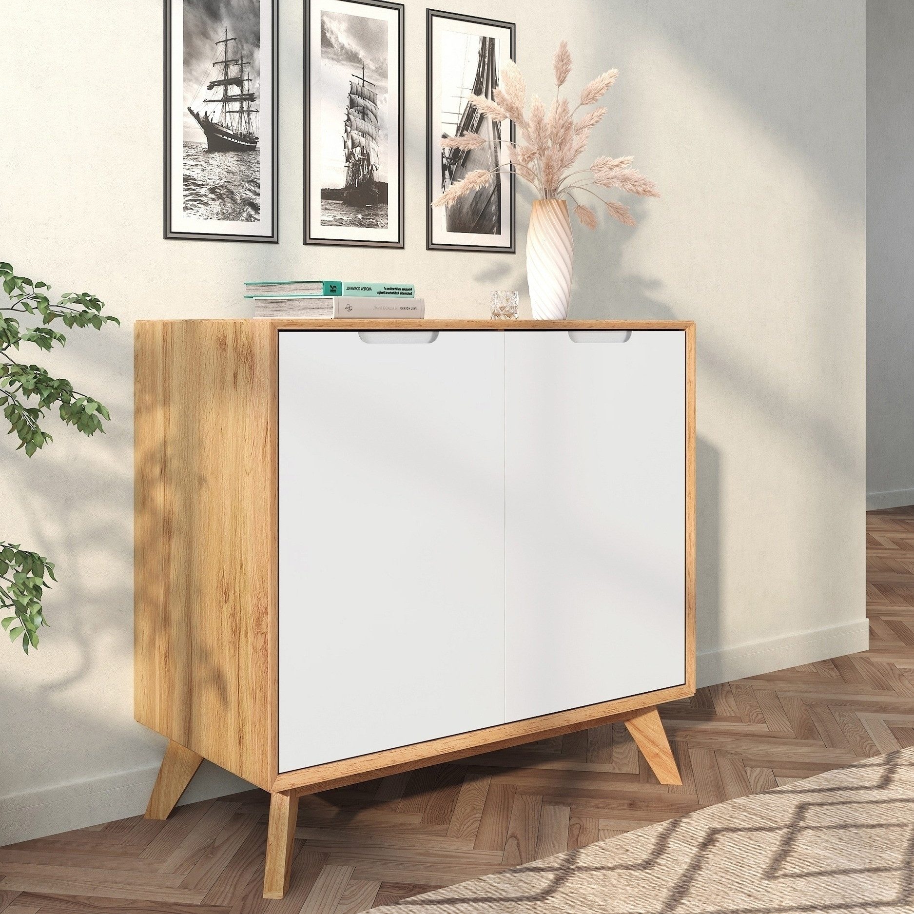 freiraum Kommode Essen, 2 Türen in Weiß / Eiche-Optik, Spanplatte/MDF - 80x75x40cm (BxHxT)