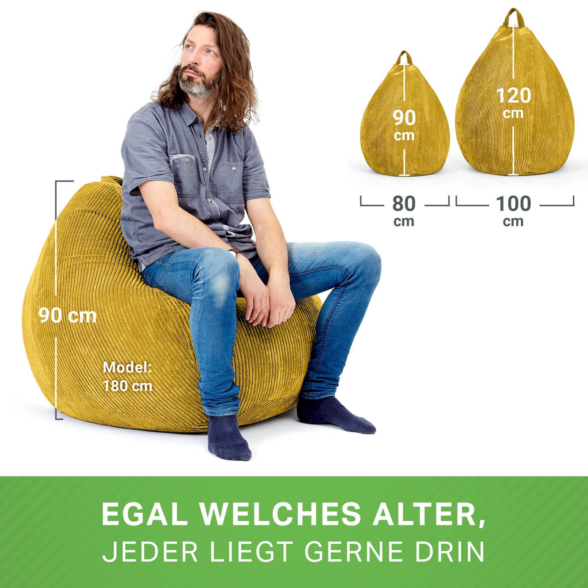 Green Bean Sitzsack Indoor Sitzsack Scoop 90x110cm - Cord (Indoor Sitzsack 90x110cm aus Cordstoff mit EPS-Perlen Füllung, Kuschelig Weich Waschbar - Drinnen Bod – Bild 5 von 5