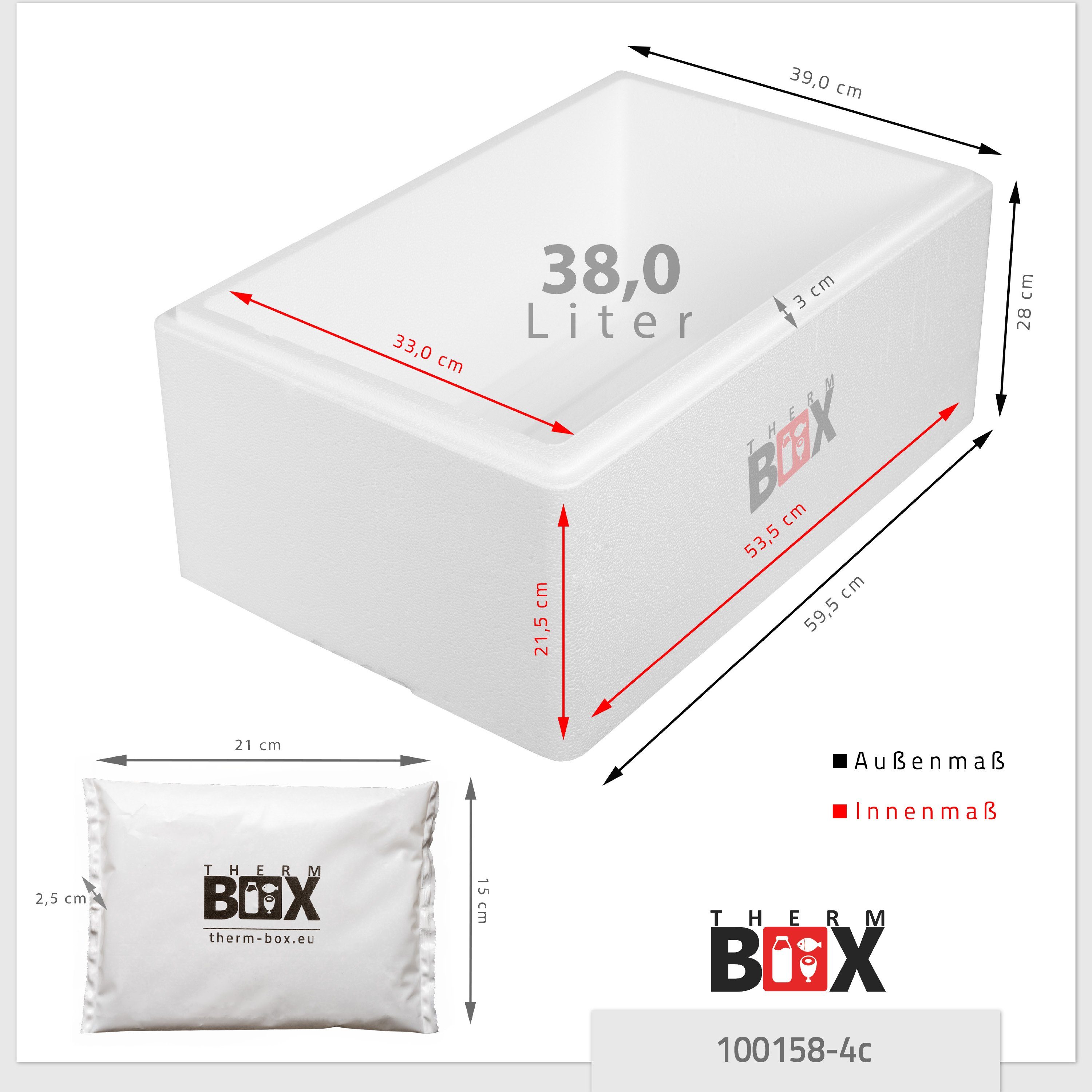 THERM-BOX Thermobehälter Styroporbox mit Thermbox mit 38L Transportbox Styropor-Verdichtet, Kühlbox Kühlkissen, 4 Kühlakku (0-tlg., Wiederverwendbar 38W Kühlkissen), Innen:53x33x21cm