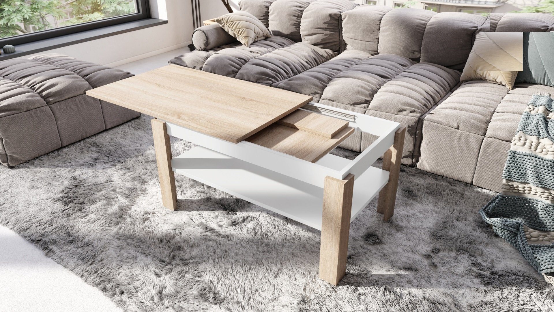 designimpex Couchtisch Weiß Design Ablagefläche / Esstisch Tisch ausziehbar Sonoma matt Eiche mit Couchtisch Asti-R