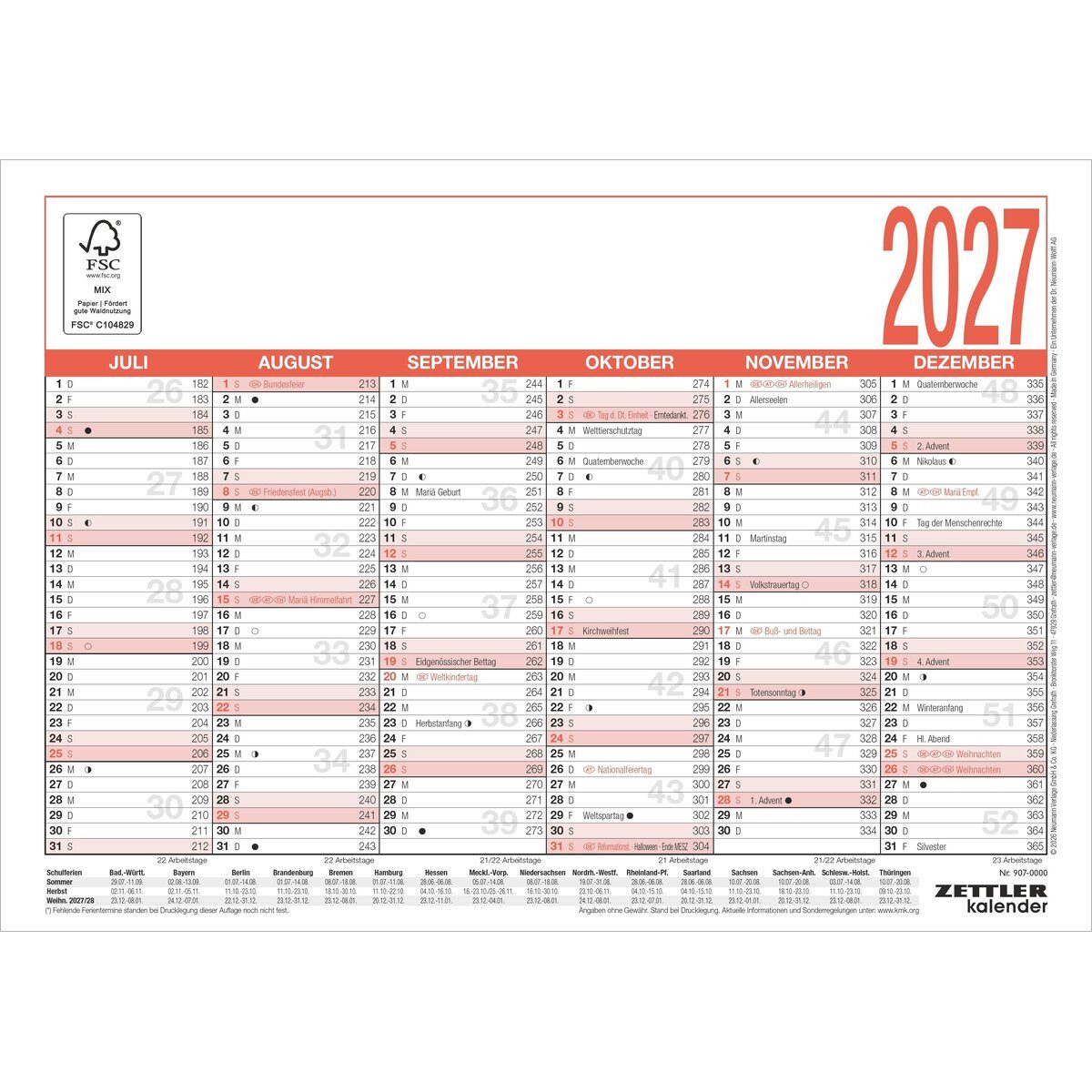 ZETTLER Terminplaner Arbeitstagekalender 907 A4 29,7x21cm 2027