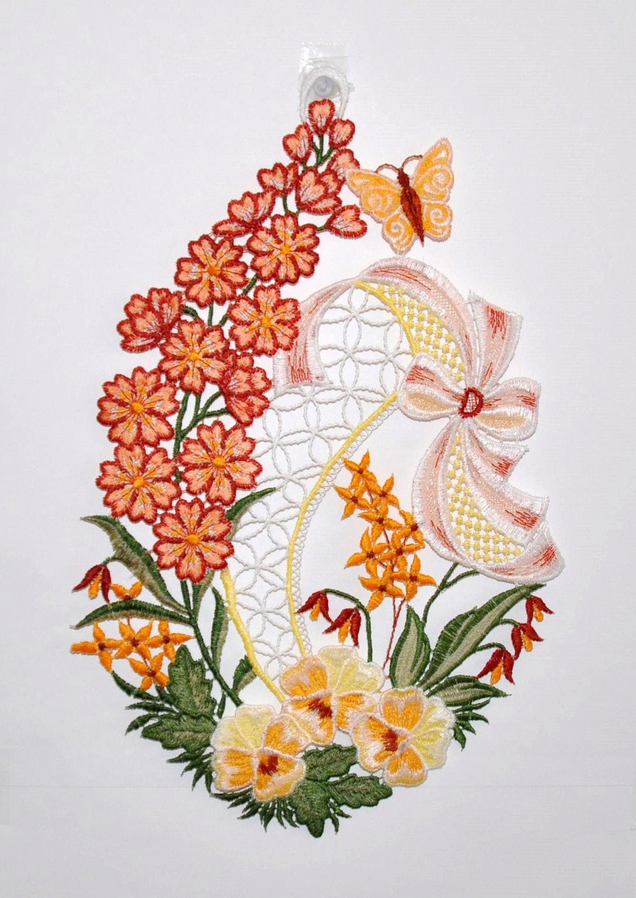 Stickereien Plauen Fensterbild Blumenwiese, Hakenaufhängung