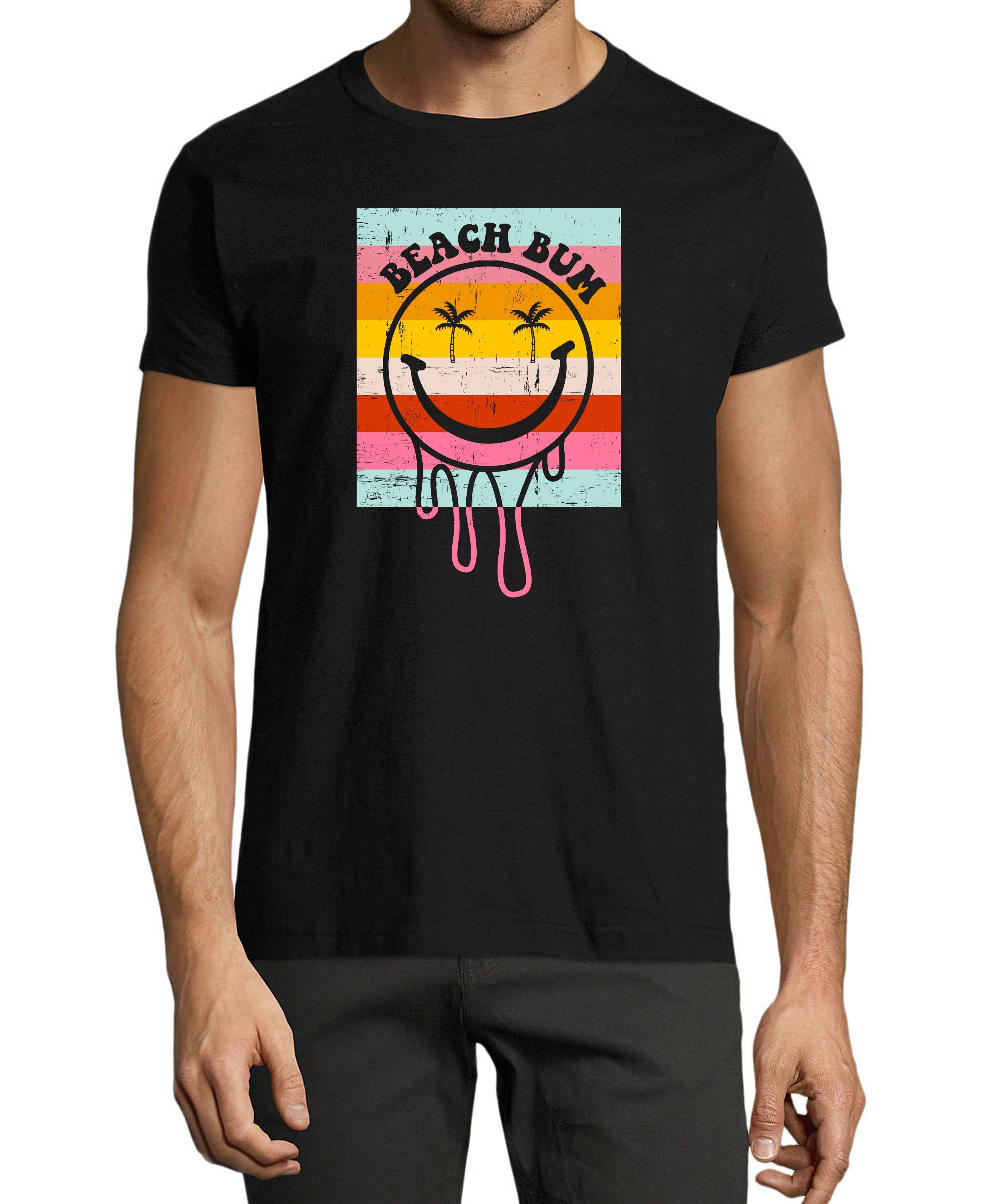 mit Aufdruck T-Shirt Baumwollshirt MyDesign24 i291 Shirt - Print Bunter Smiley Herren Bum Regular Smiley schwarz Fit, Beach