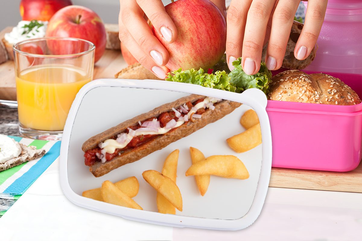 MuchoWow Lunchbox Gesegnete Frikandelspezialität einem Kunststoff rosa auf für mit Mädchen, Pommes Kinder, Brotdose (2-tlg), Erwachsene, Snackbox, weißen, Kunststoff, frites Brotbox
