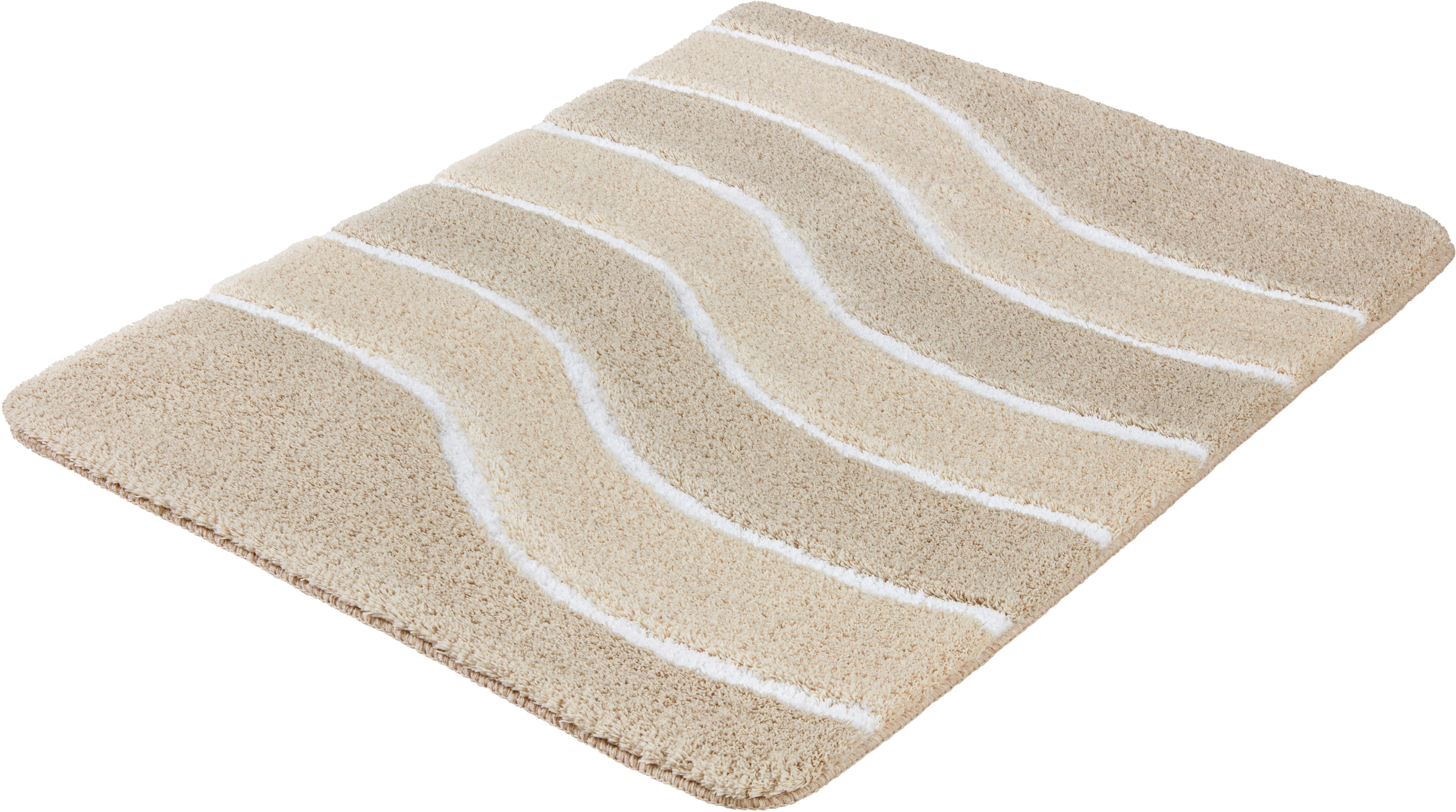 MEUSCH Badematte Lara, Höhe 20 mm, rutschhemmend beschichtet, rechteckig, Wellen-Design in Macadamia-Beige mit flauschigen weißen Akzenten